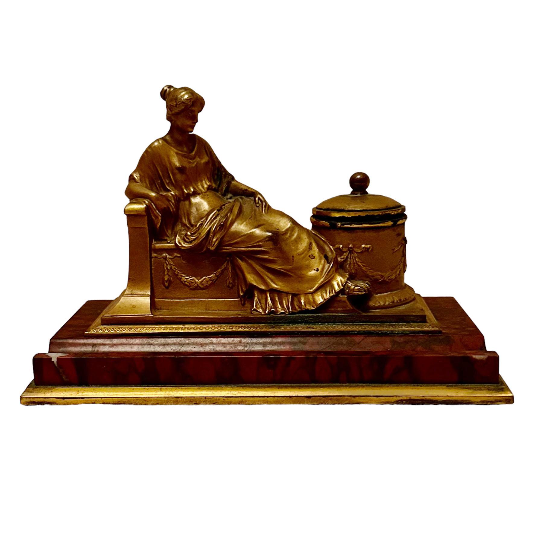 German Bronze Dore and Marble Inkwell  For Sale 2