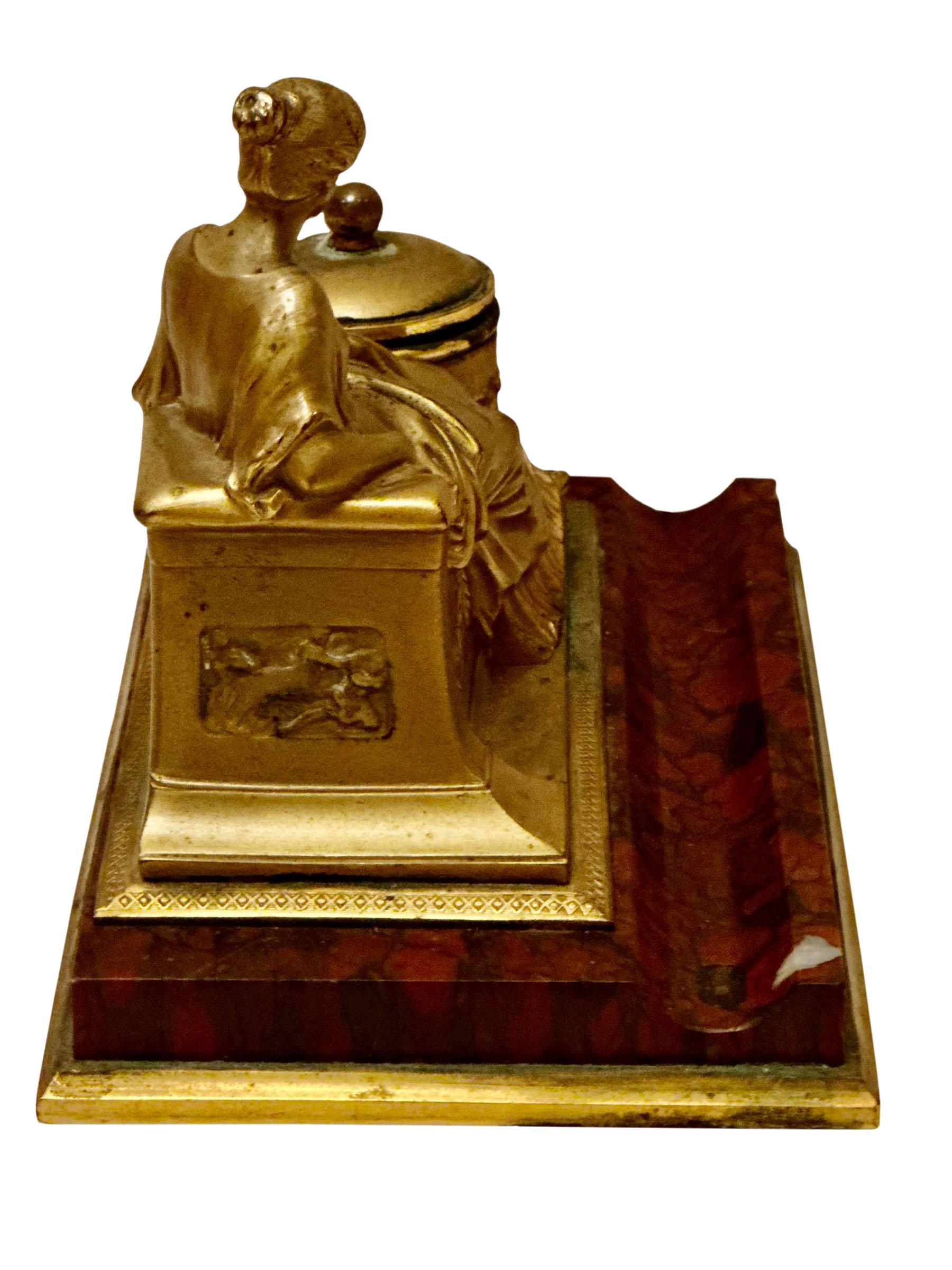 German Bronze Dore and Marble Inkwell  For Sale 3