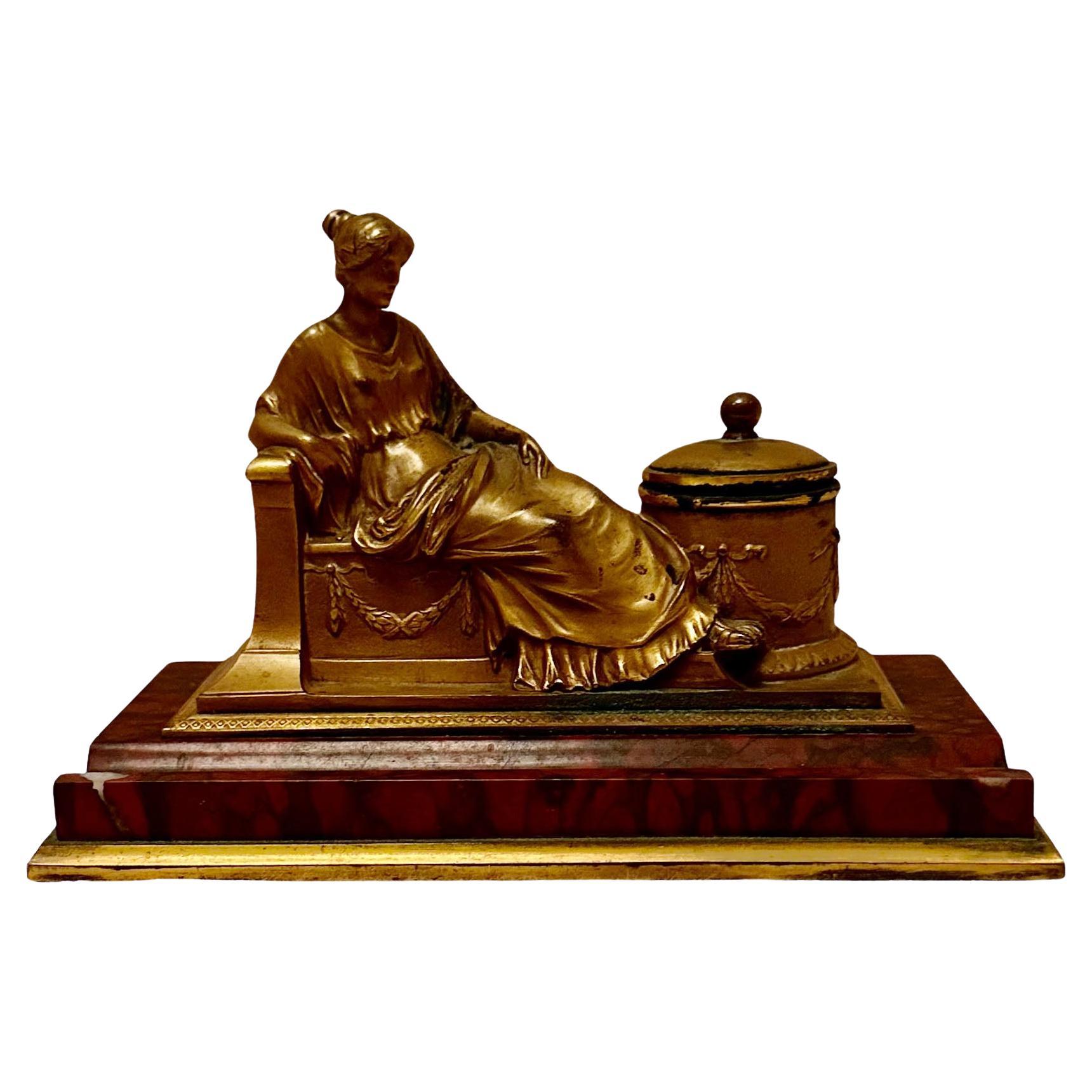 German Bronze Dore and Marble Inkwell 