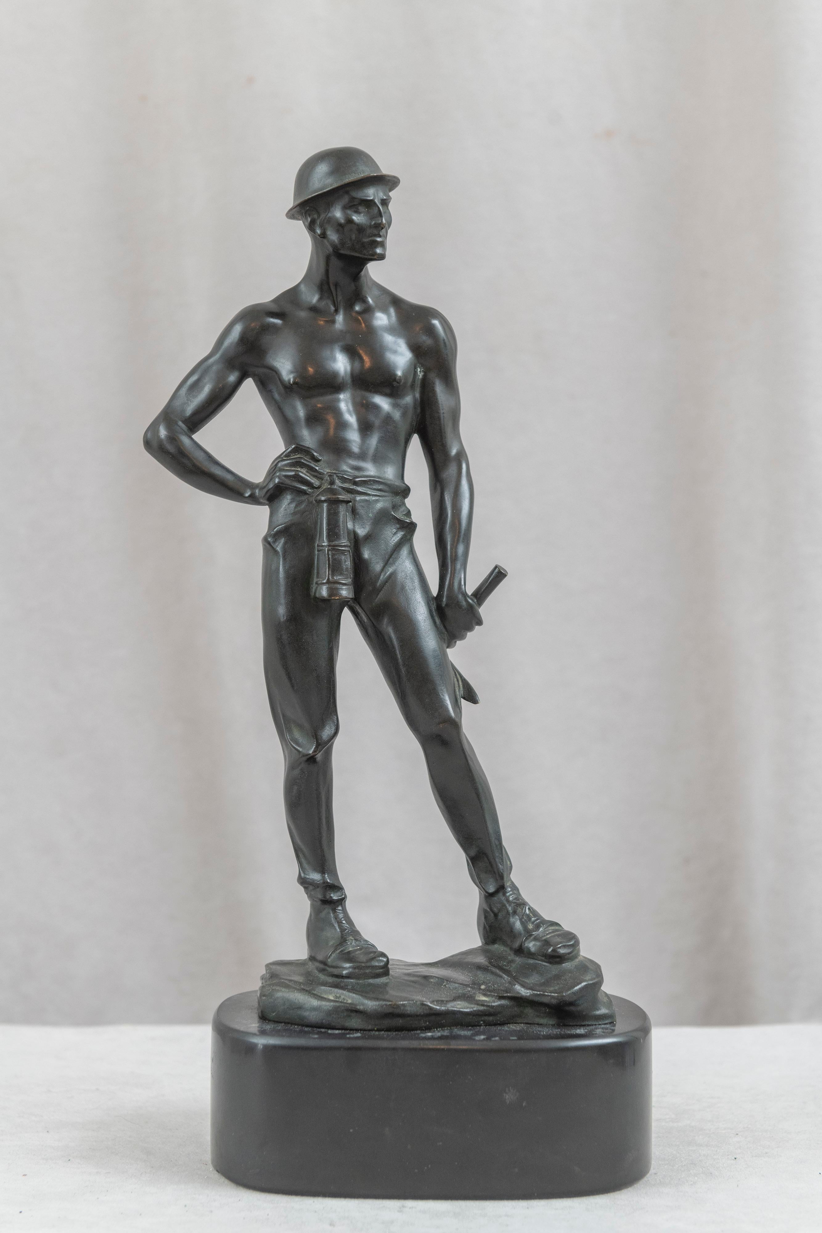 Patinated German Bronze Figure of a Miner, Early Moderne Look, ca 1915 For Sale