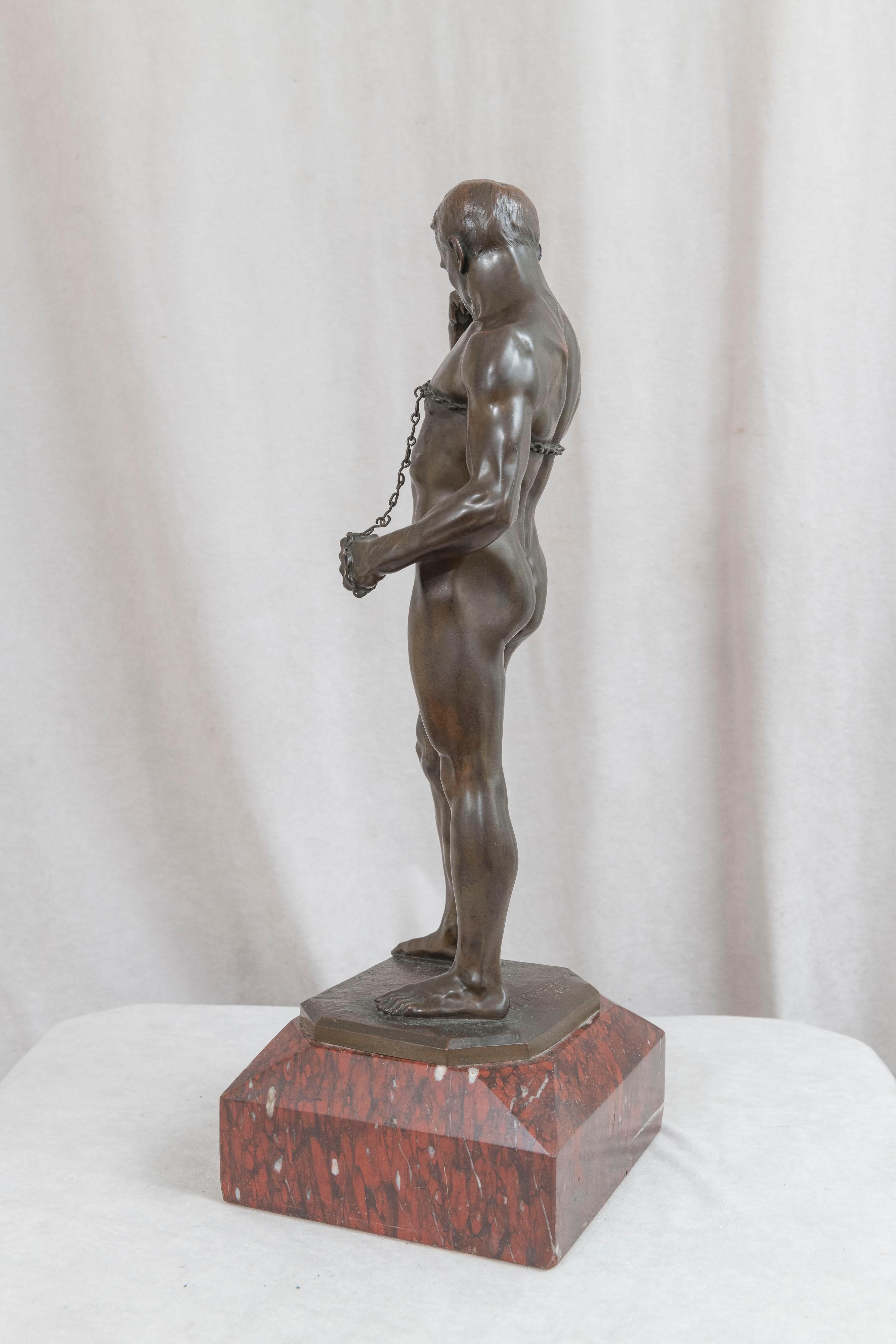 Beaux Arts German Bronze Figure of a Nude Male Strongman Breaking out of Chains, ca. 1895