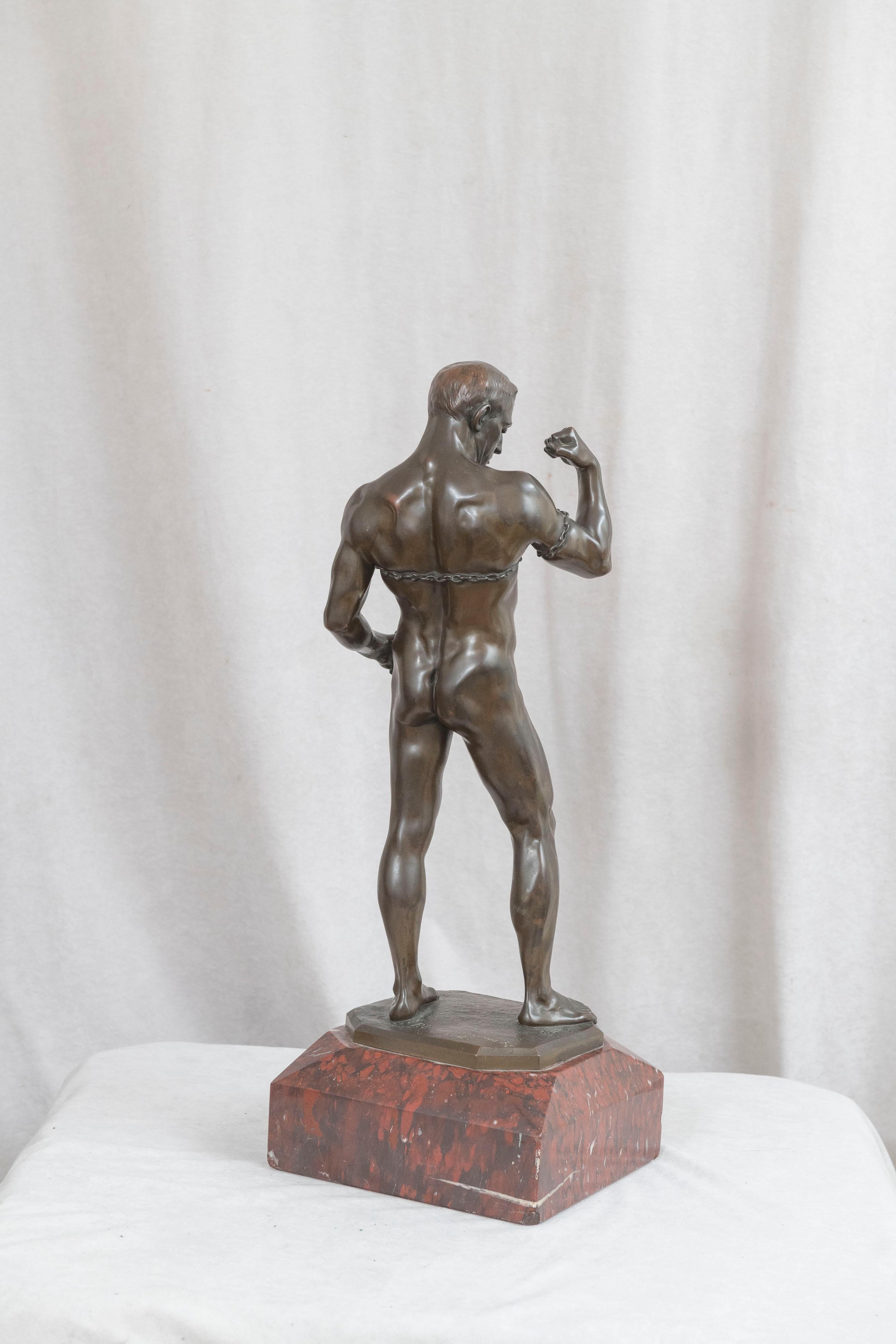 Hand-Crafted German Bronze Figure of a Nude Male Strongman Breaking out of Chains, ca. 1895