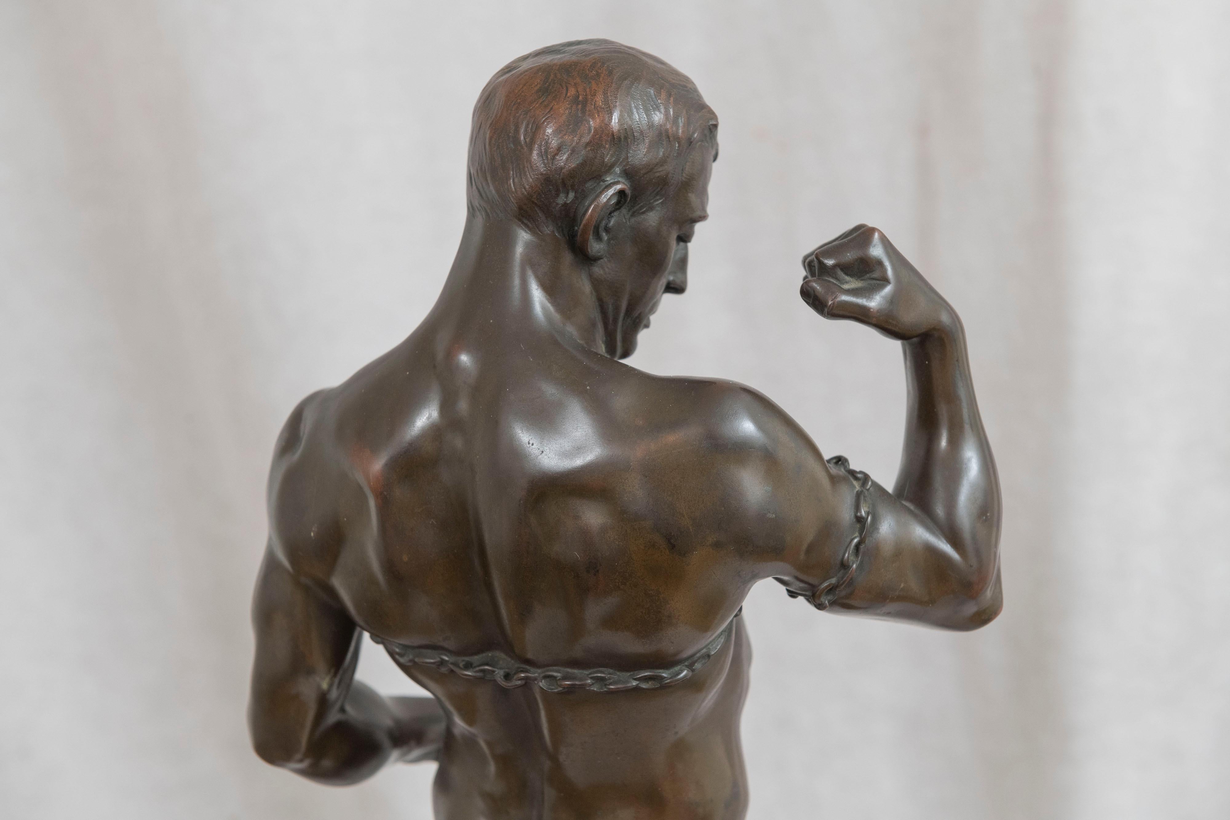 German Bronze Figure of a Nude Male Strongman Breaking out of Chains, ca. 1895 In Good Condition In Petaluma, CA