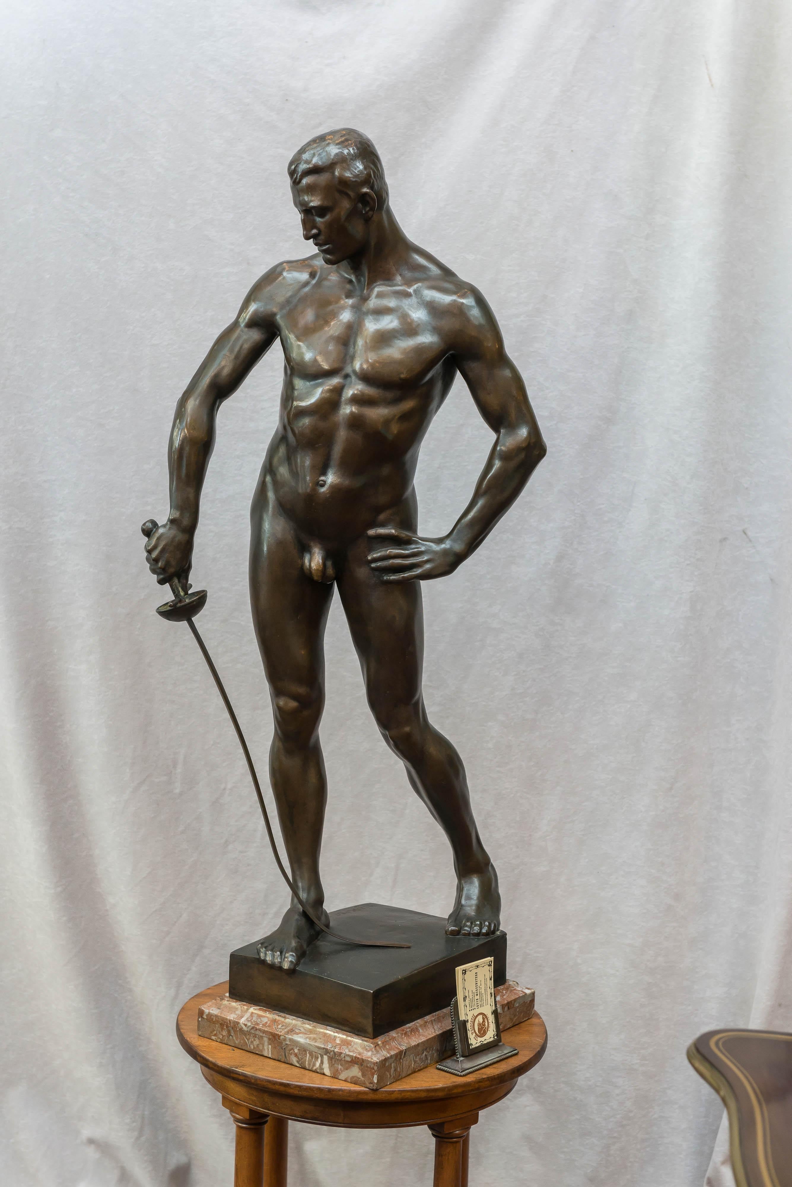 This truly magnificent bronze has a lot more than size going for it. Our model is a powerful masculine figure in a striking pose. It is signed by the artist and does bear the foundry mark 'Gladenbeck