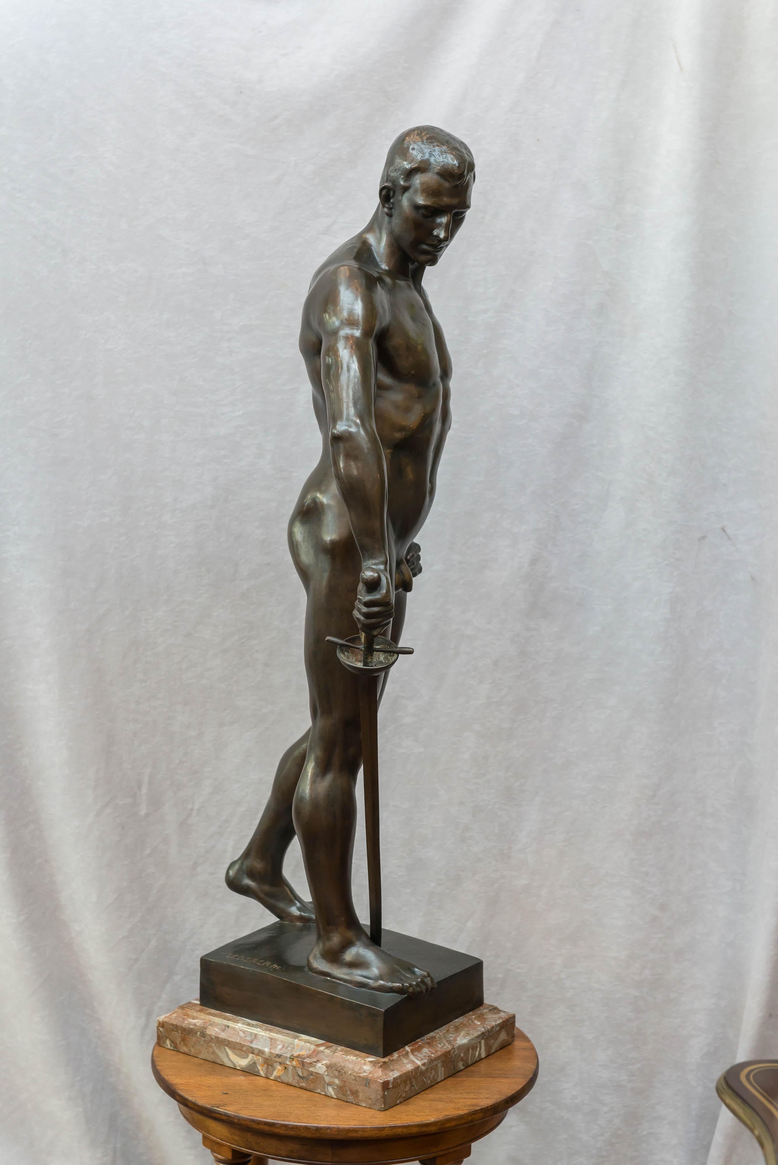 Beaux Arts German Bronze Figure of a Nude Male Swordsman, circa 1901