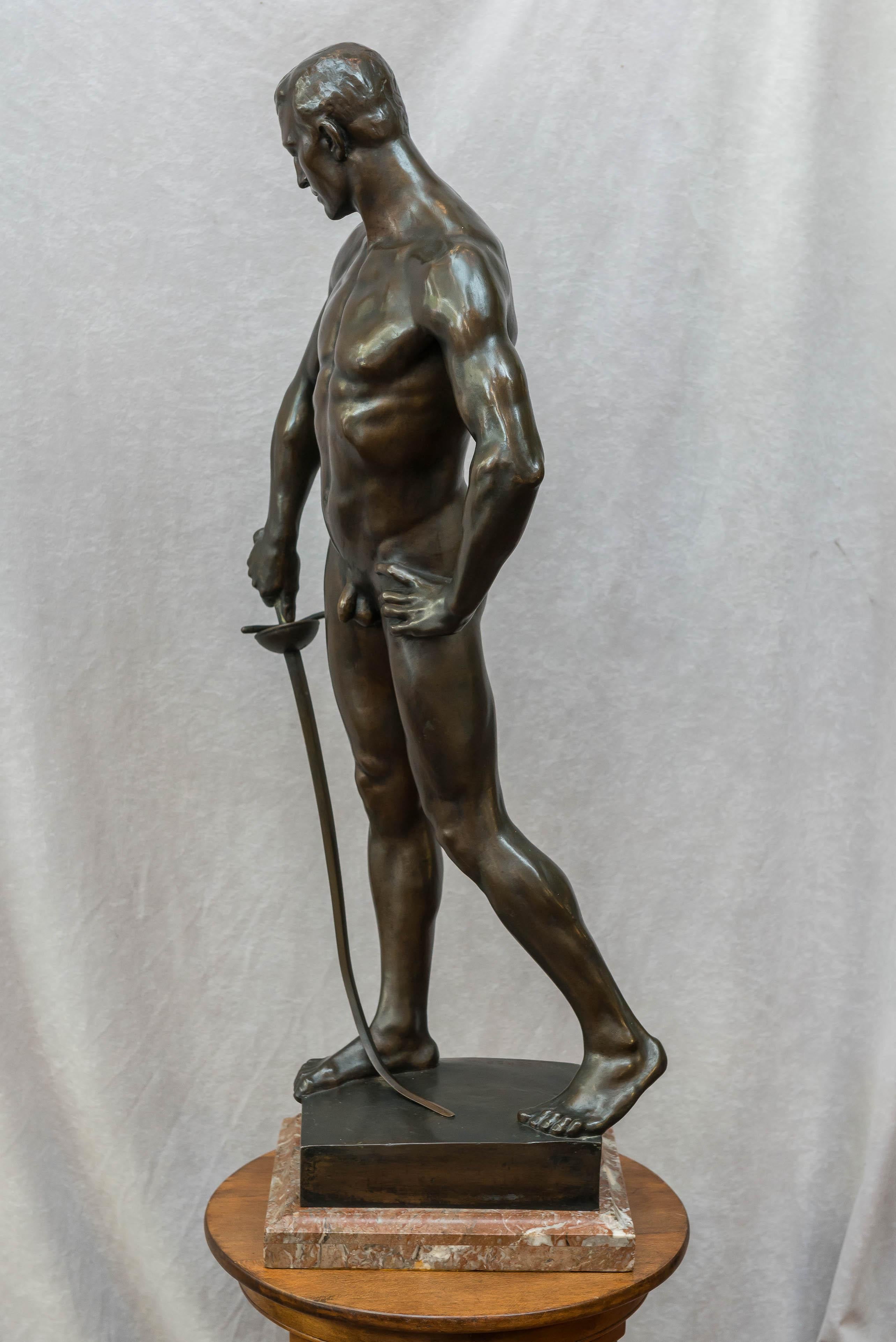 Patinated German Bronze Figure of a Nude Male Swordsman, circa 1901