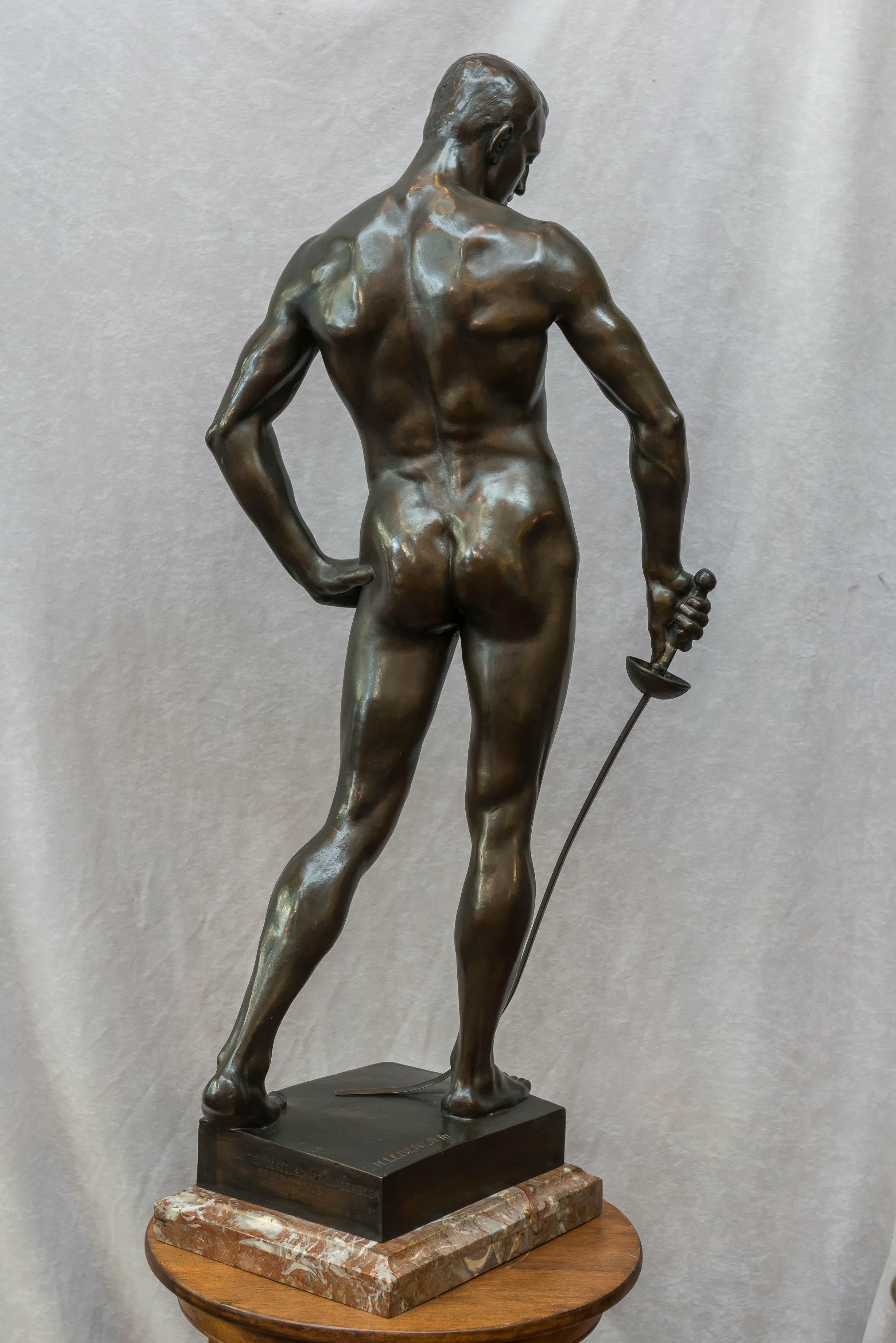 Early 20th Century German Bronze Figure of a Nude Male Swordsman, circa 1901