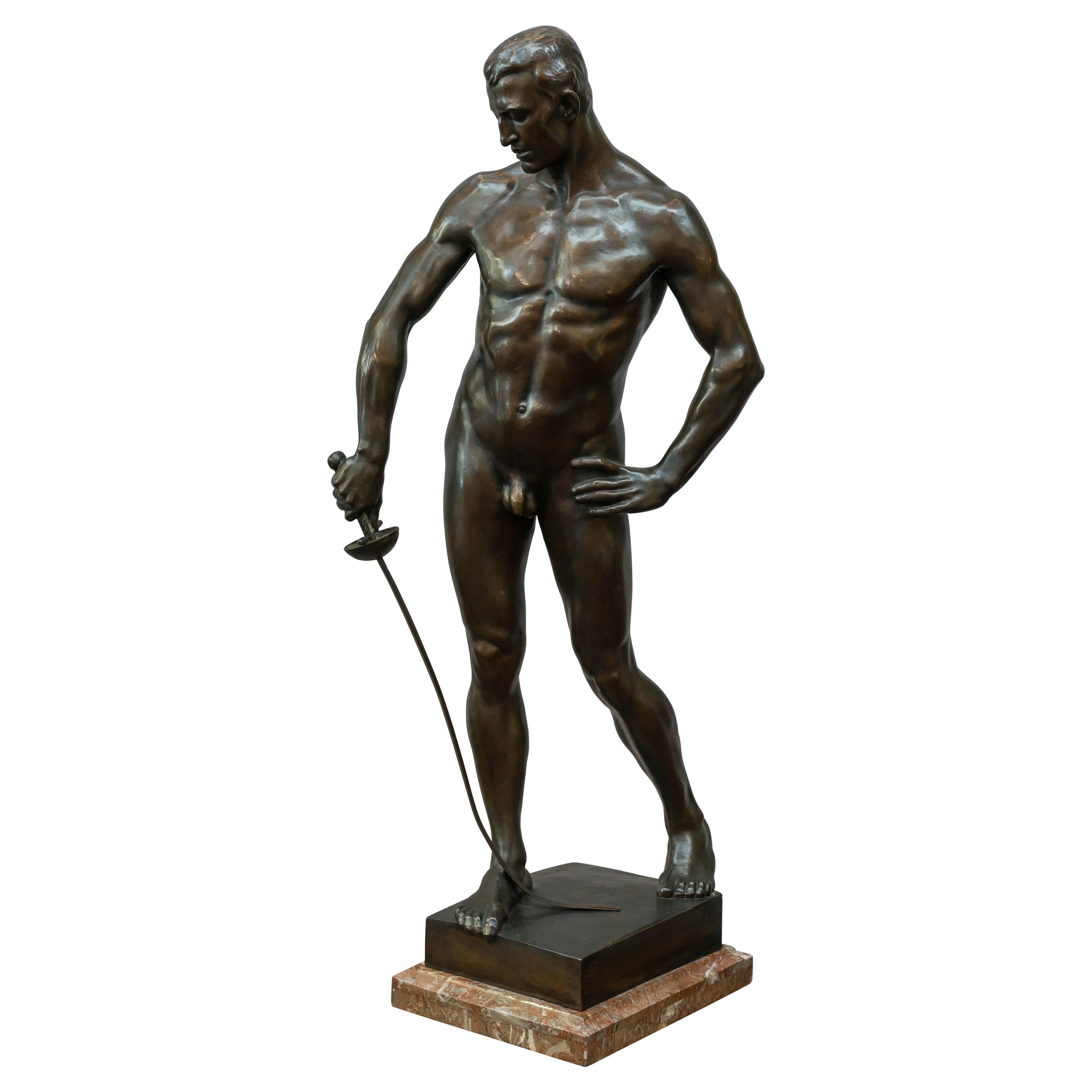 German Bronze Figure of a Nude Male Swordsman, circa 1901
