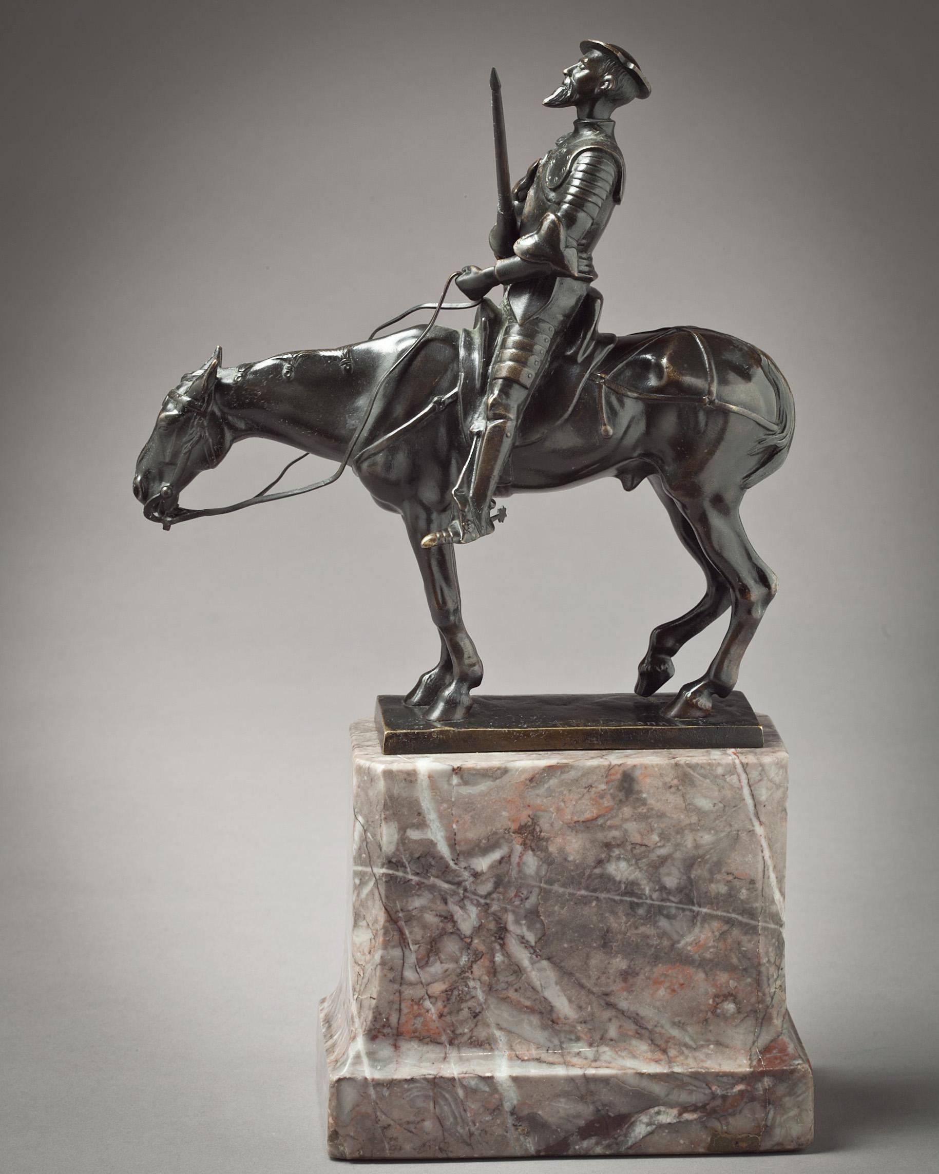 Don Quixote on horse on marble base. Signed A. Hussman.