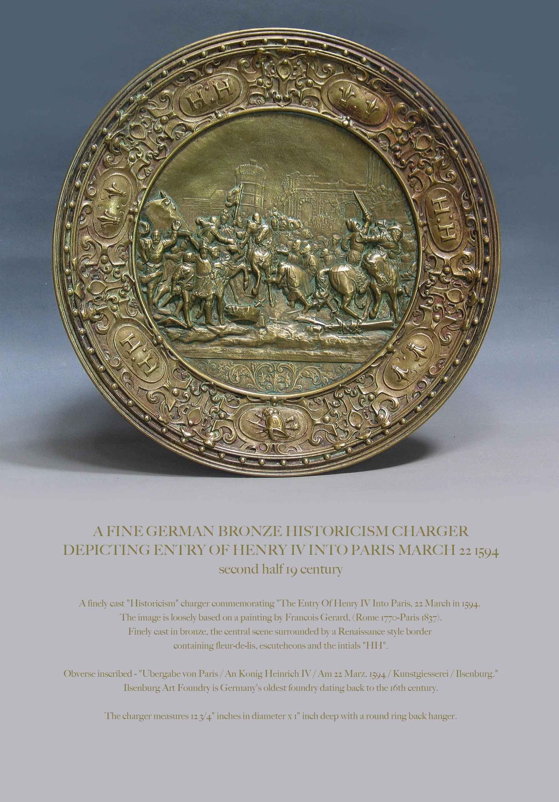 Raffinato caricatore storico tedesco in bronzo raffigurante l'ingresso di Enrico IV a Parigi il 22 marzo 1594
Seconda metà del XIX secolo.

Un caricatore 