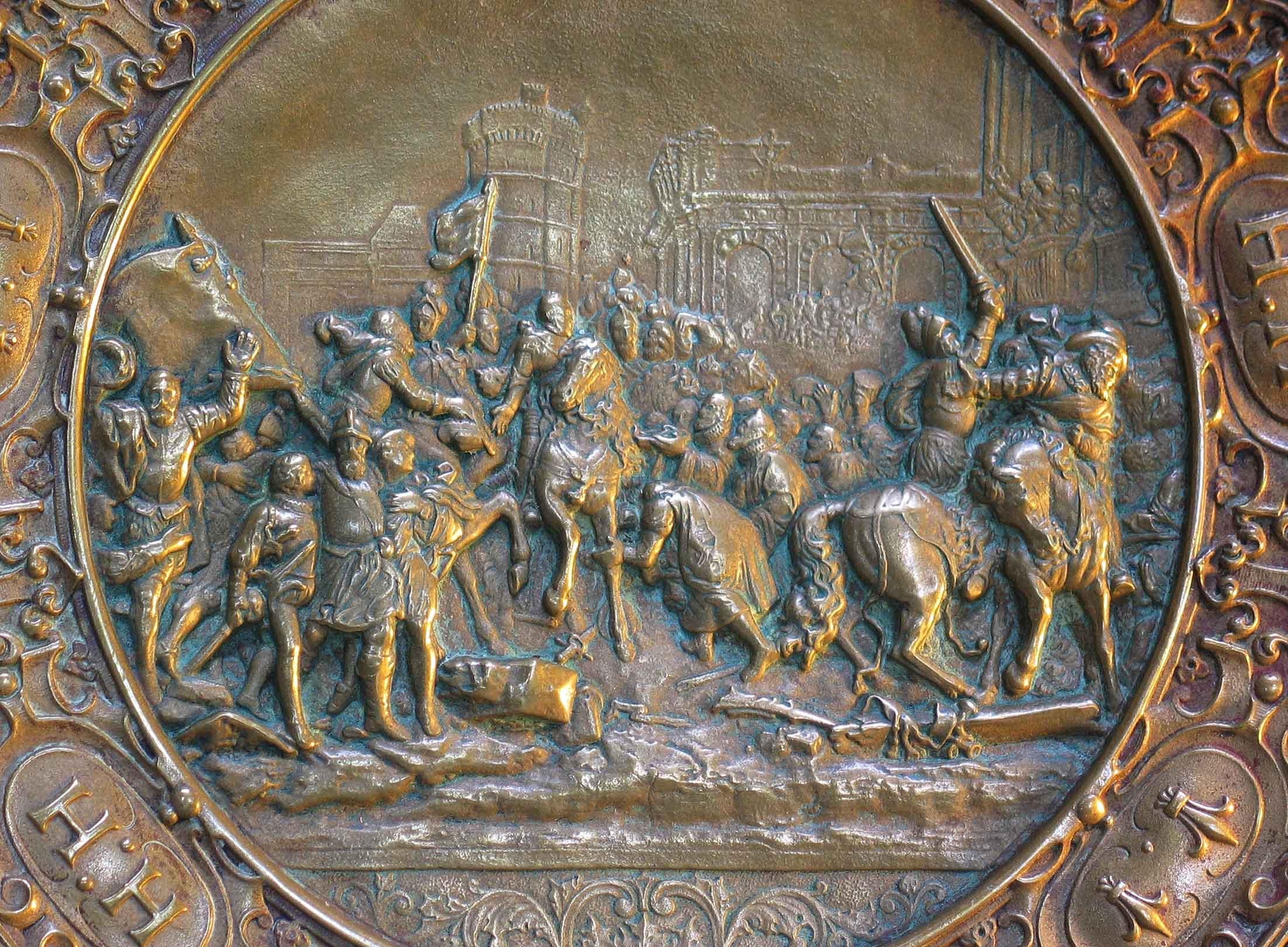 Renaissance German Bronze Historicism Charger Depicting Entry of Henry IV into Paris in 1594 For Sale