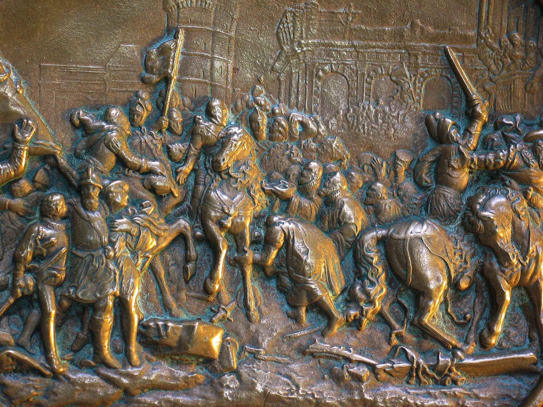 Cast German Bronze Historicism Charger Depicting Entry of Henry IV into Paris in 1594 For Sale