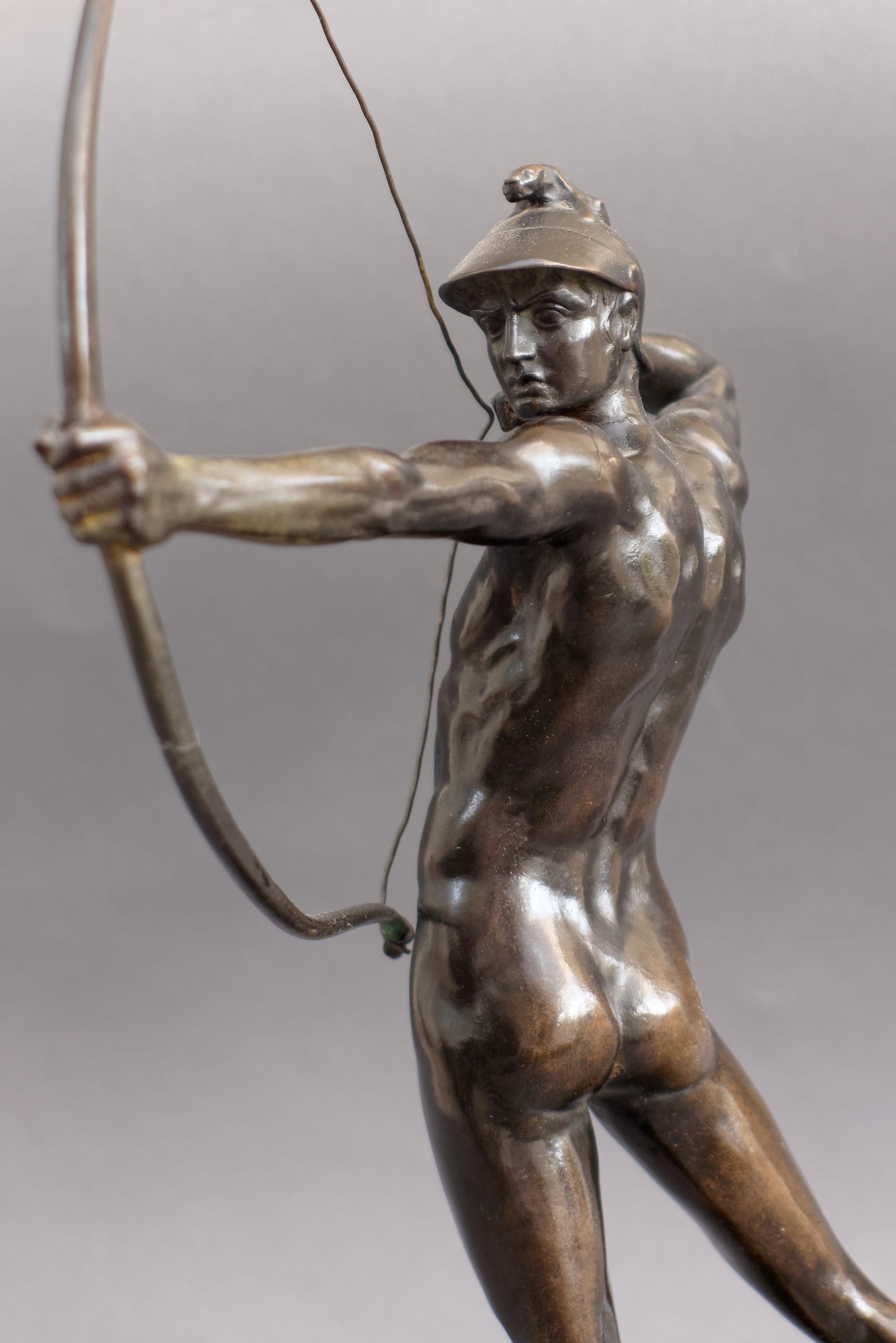 Painted German Bronze Male Nude Figure 'The Archer' by Ernst Moritz Geyger, Berlin
