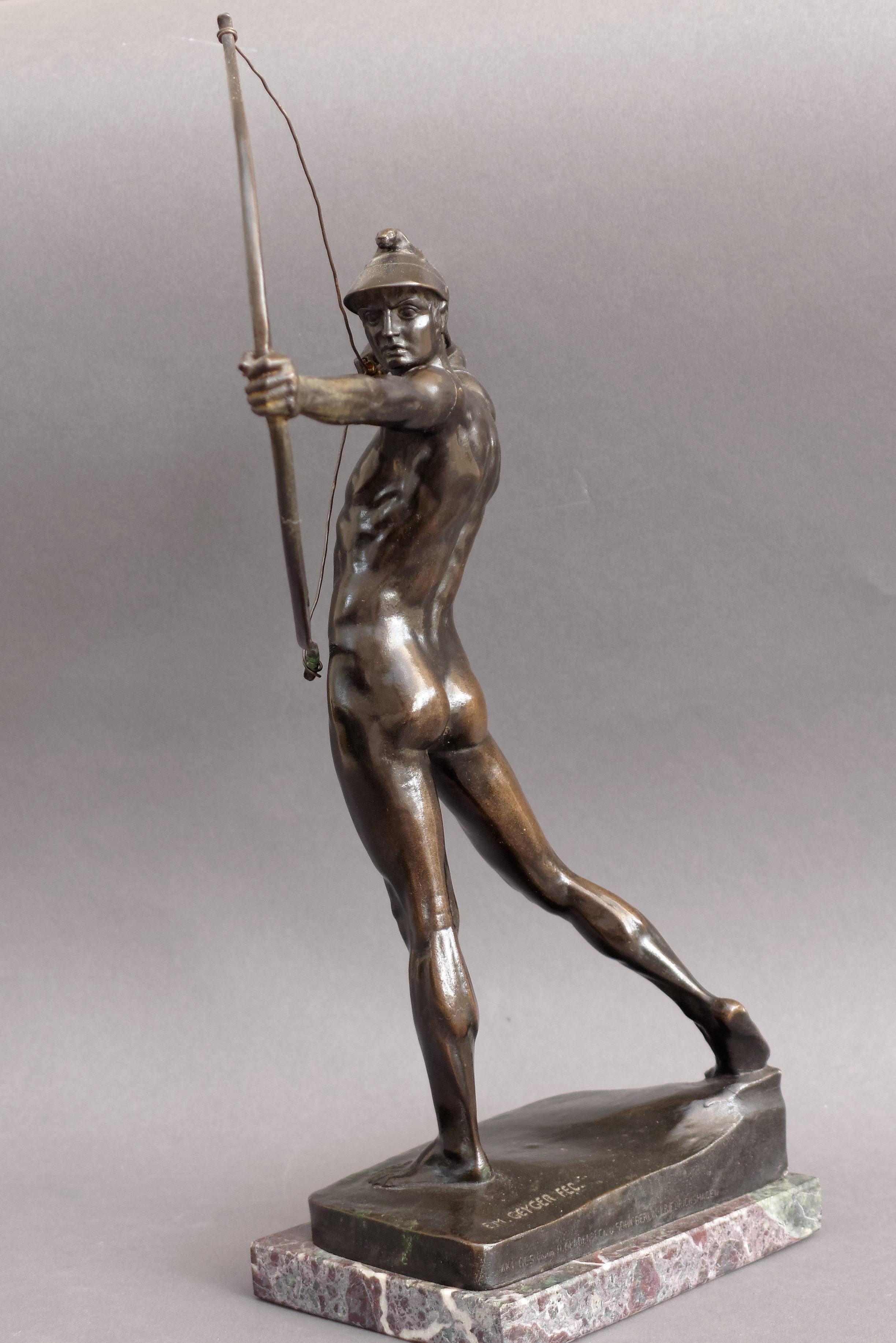 Marble German Bronze Male Nude Figure 'The Archer' by Ernst Moritz Geyger, Berlin