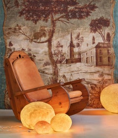 German Brutalist Rocking Chair in Pine + Cognac Leather Attributed to Wasa Möbel