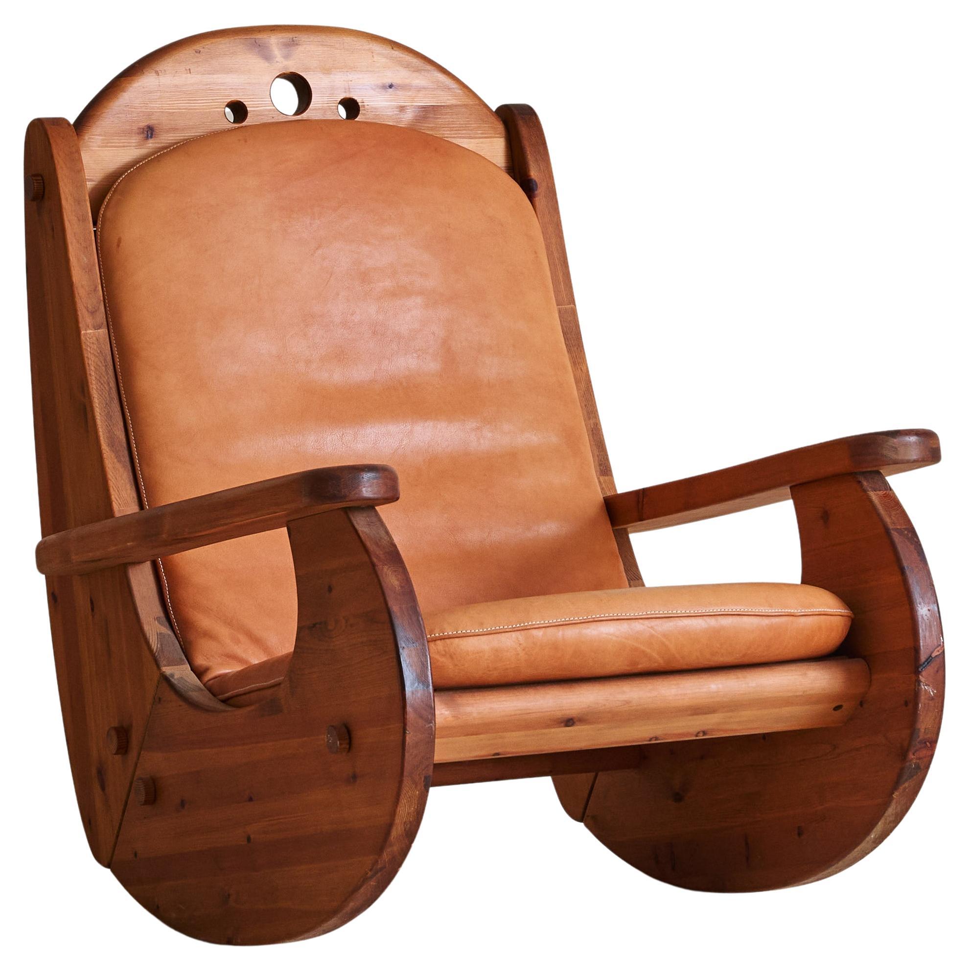 German Brutalist Rocking Chair in Pine + Cognac Leather Attributed to Wasa Möbel