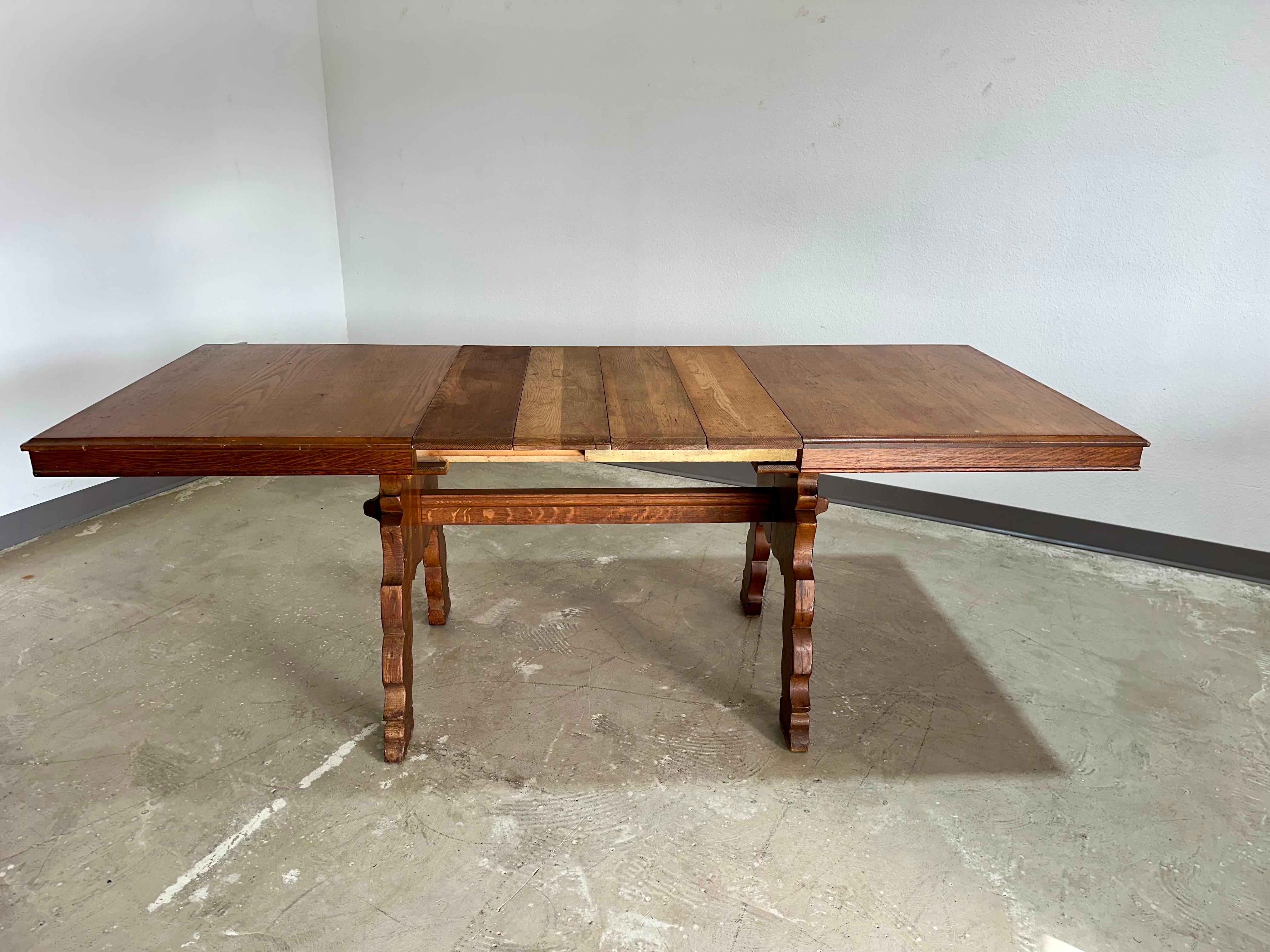 German Brutalist Tyrolean Style Tiger Oak Trestle Dining Table For Sale 4