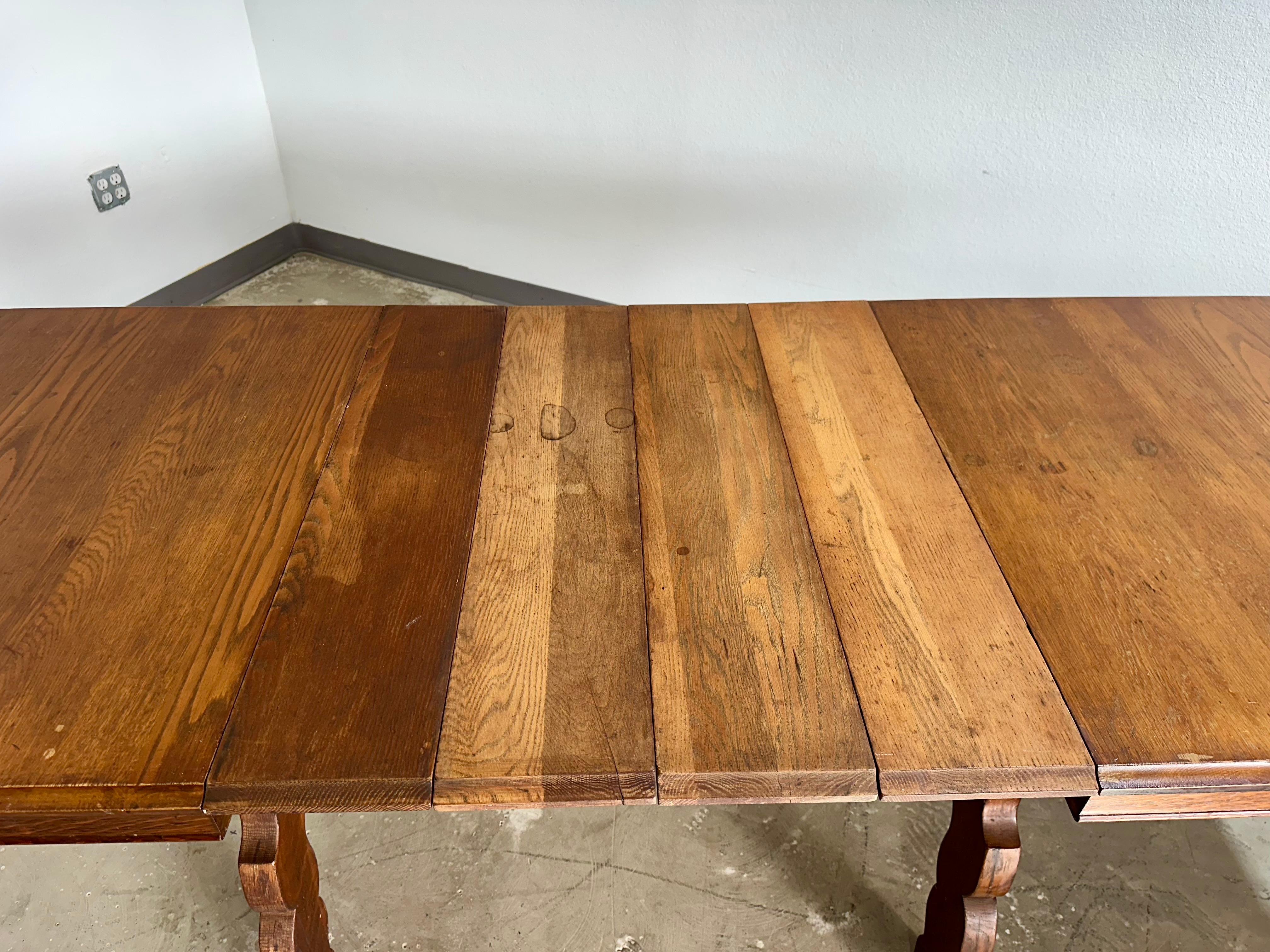 German Brutalist Tyrolean Style Tiger Oak Trestle Dining Table For Sale 5