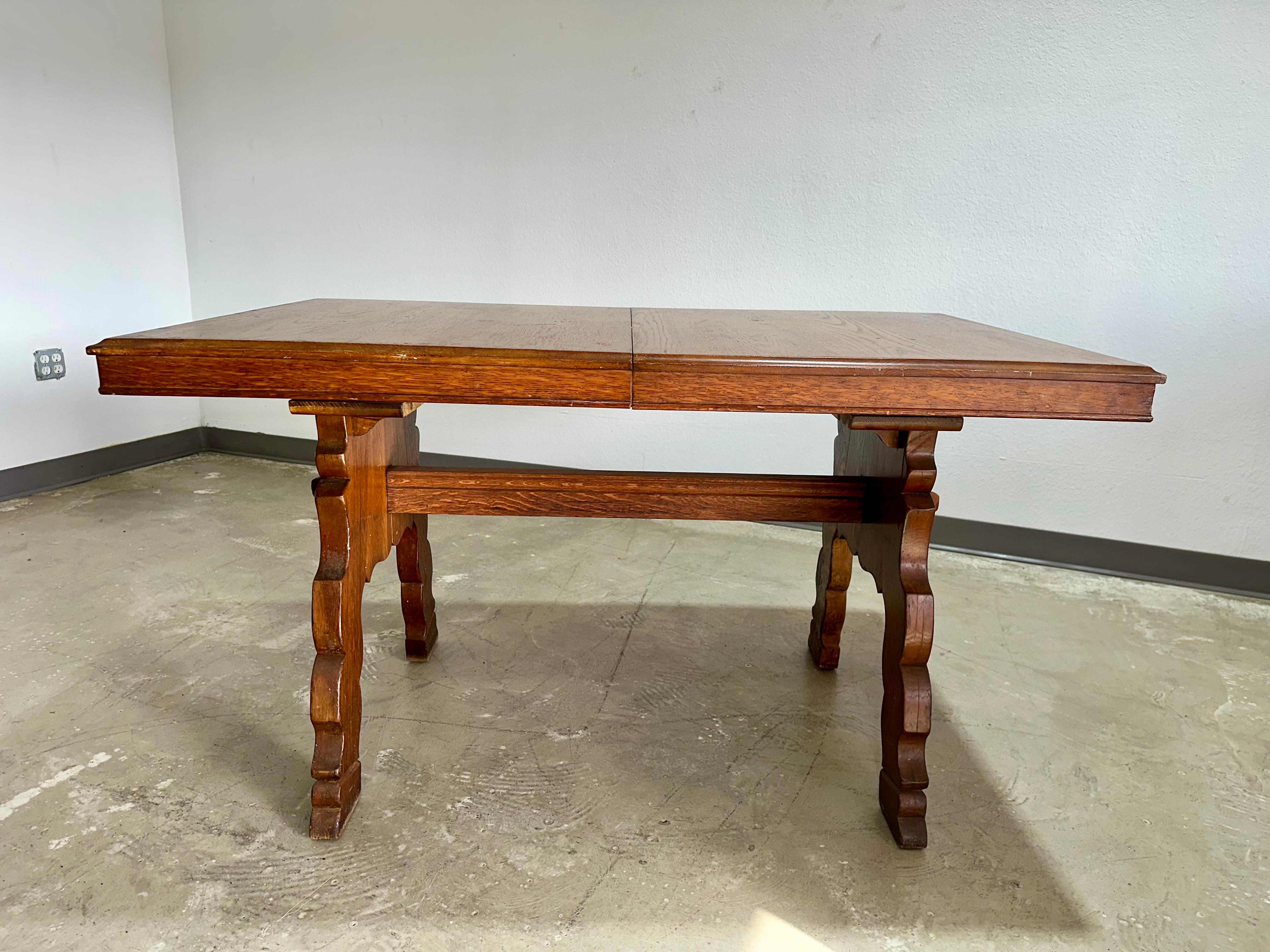 German Brutalist Tyrolean Style Tiger Oak Trestle Dining Table For Sale 7