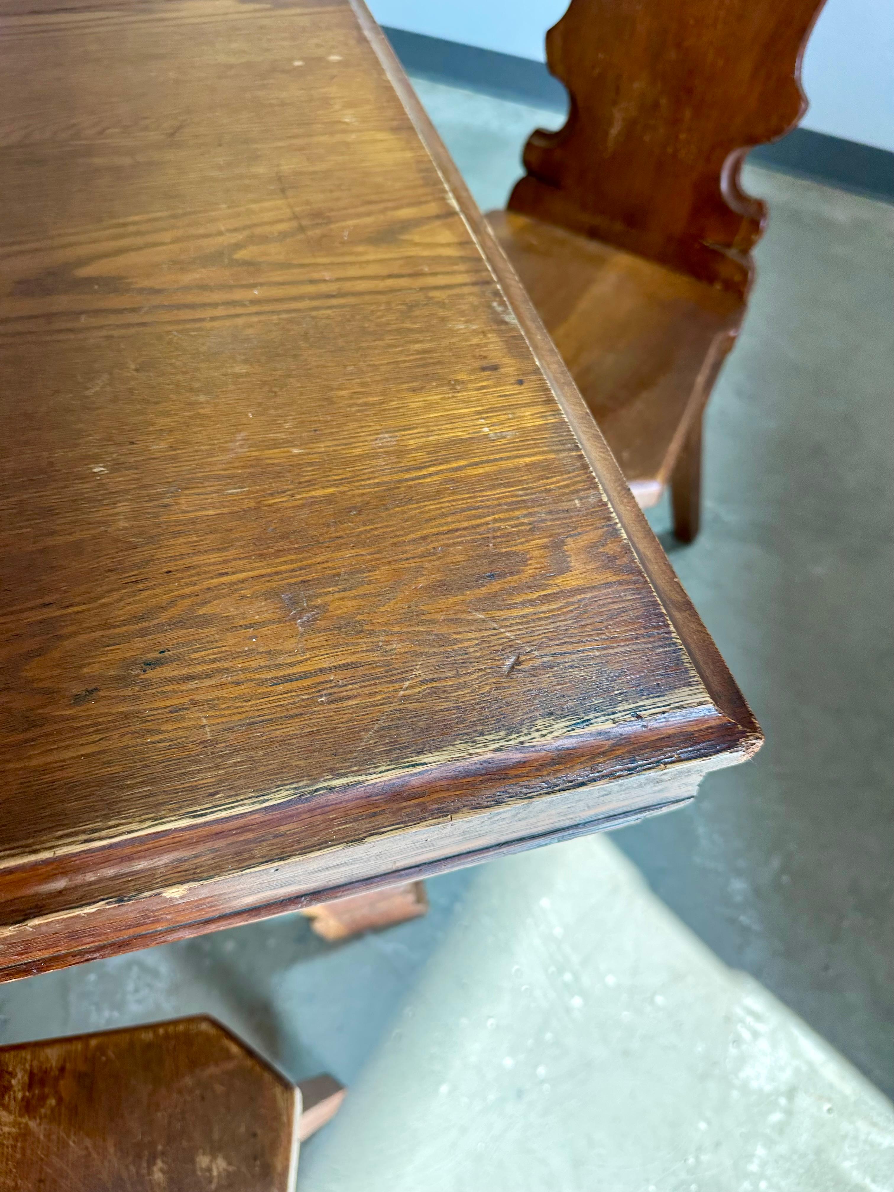 German Brutalist Tyrolean Style Tiger Oak Trestle Dining Table For Sale 9