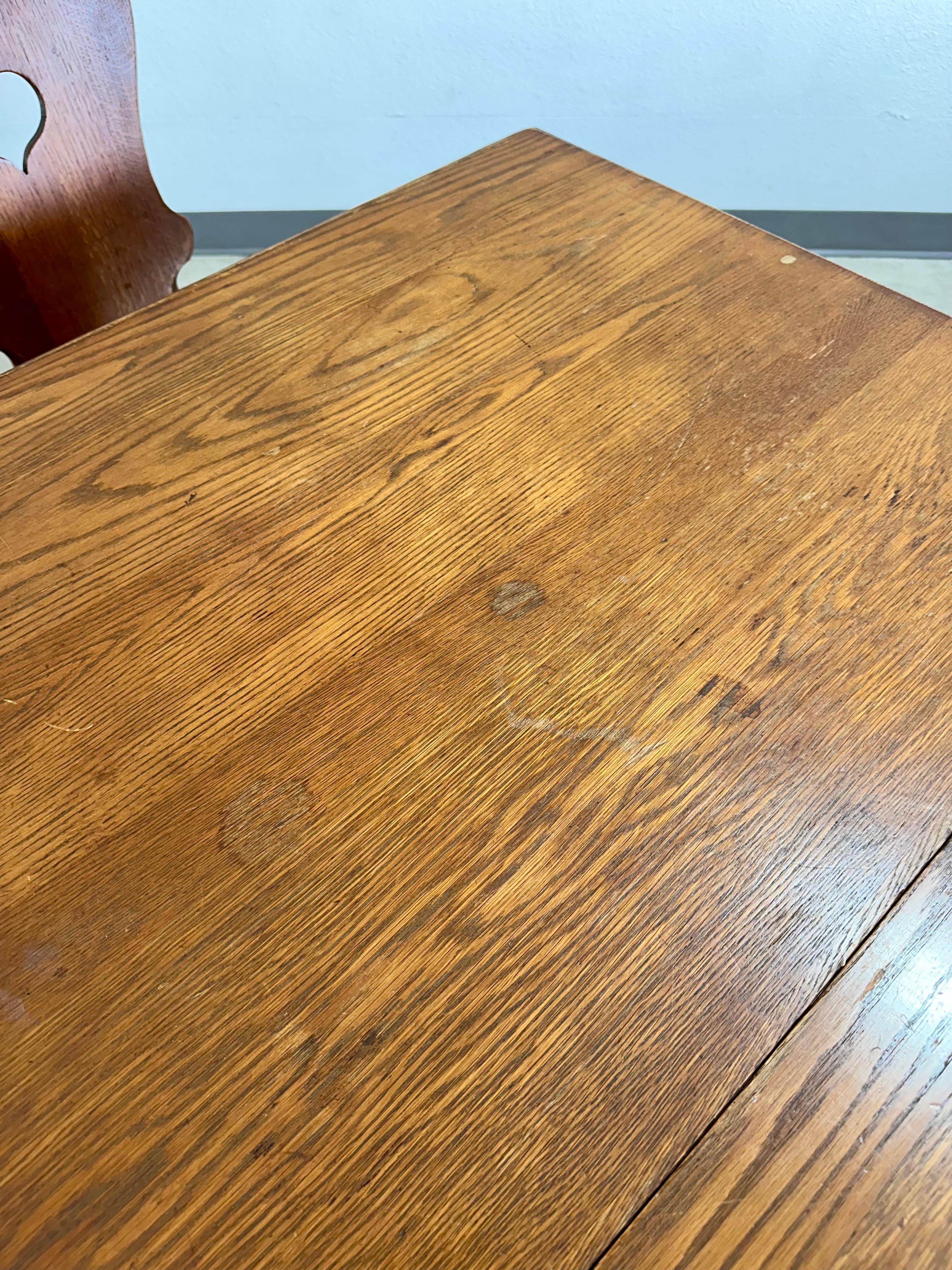 German Brutalist Tyrolean Style Tiger Oak Trestle Dining Table For Sale 10