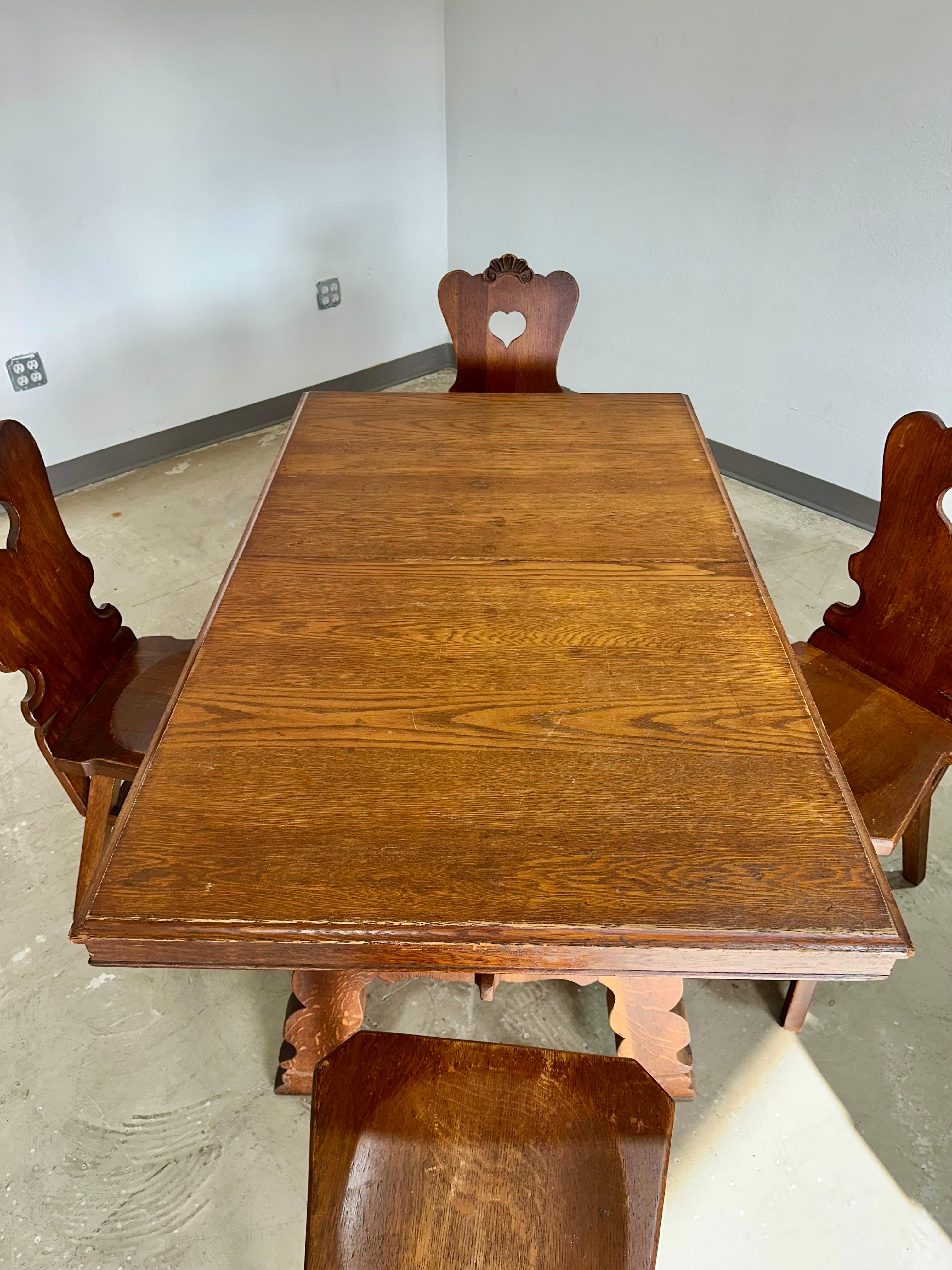 Hand-Carved German Brutalist Tyrolean Style Tiger Oak Trestle Dining Table For Sale