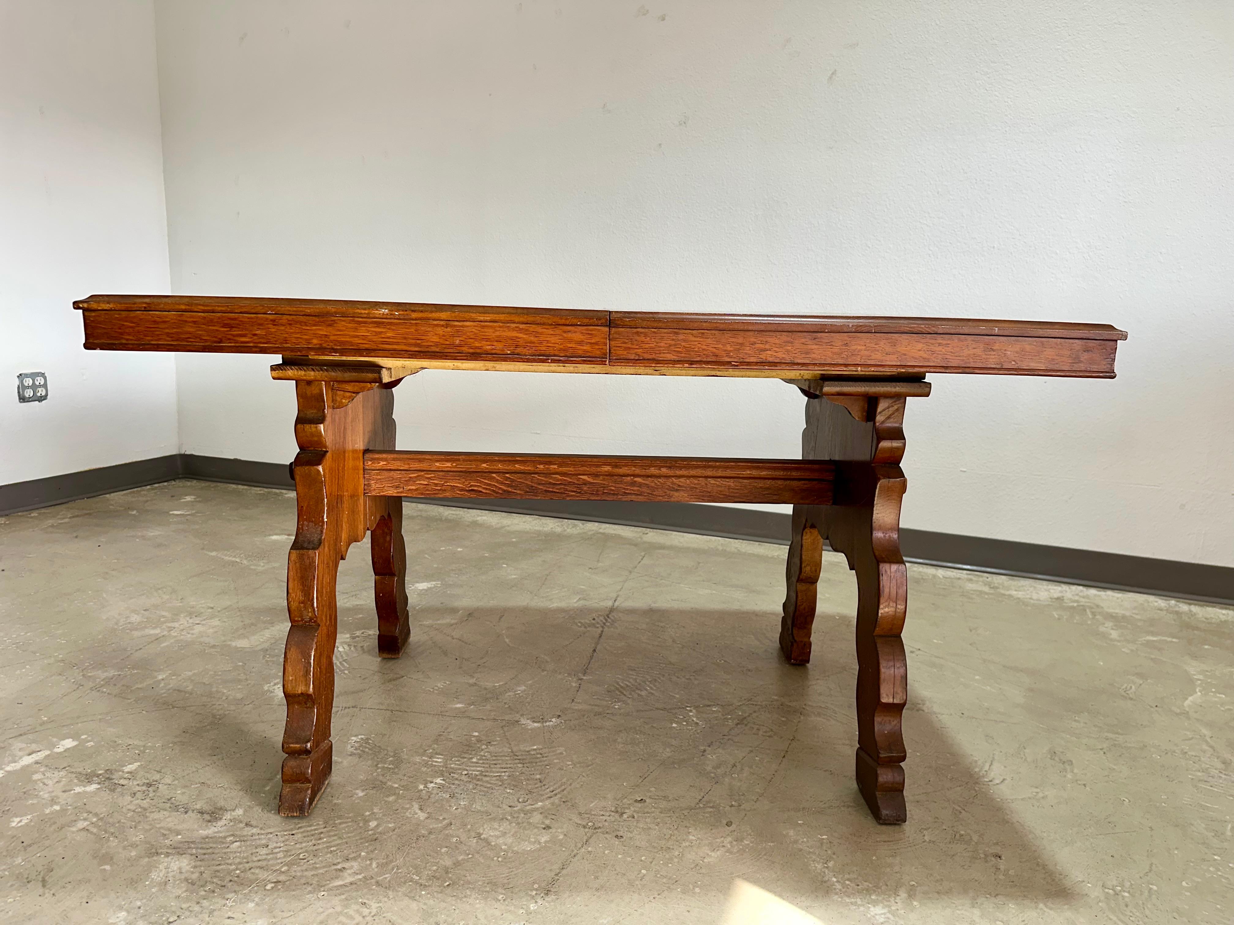 German Brutalist Tyrolean Style Tiger Oak Trestle Dining Table In Good Condition For Sale In Lutz, FL