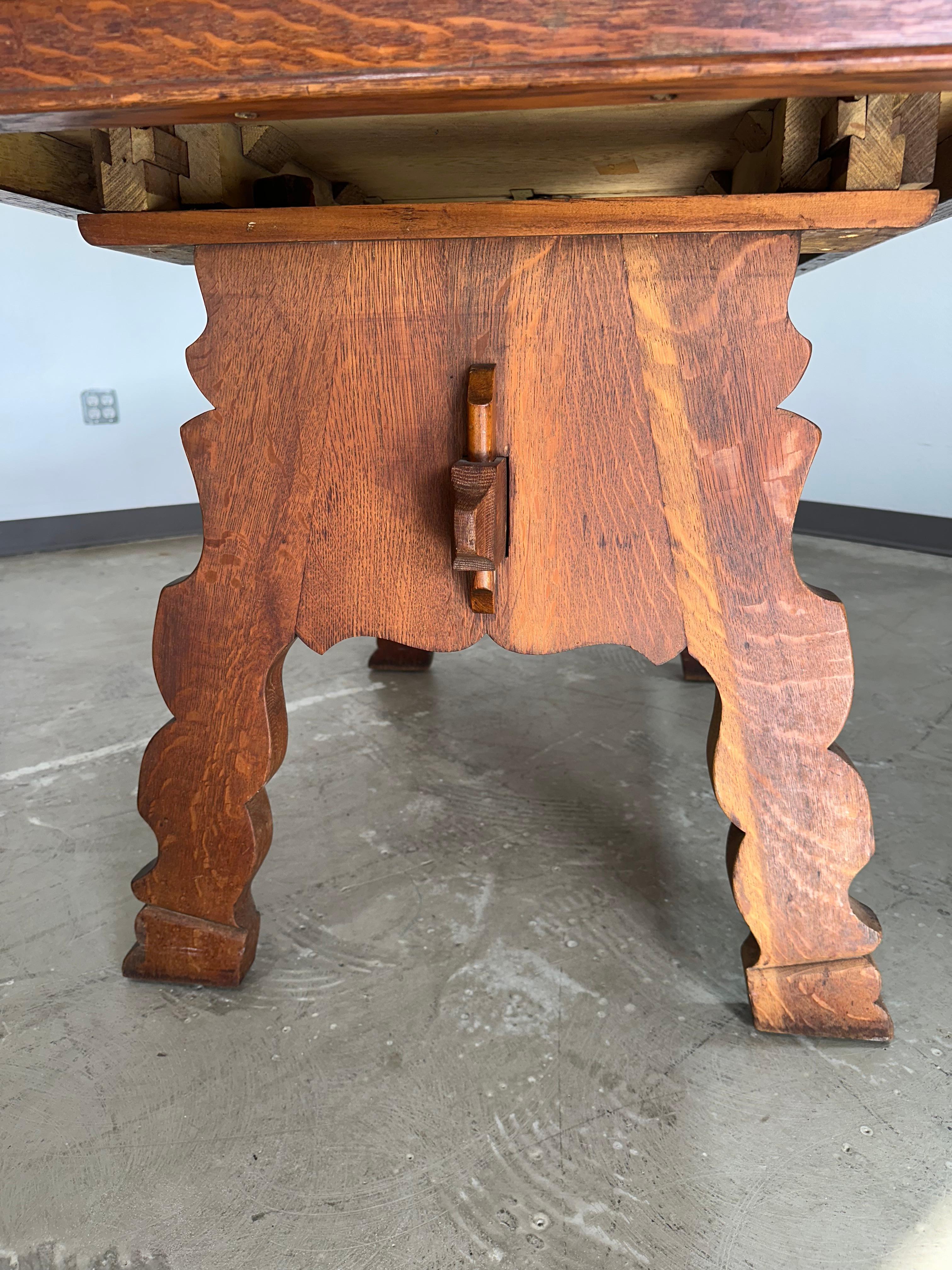 20th Century German Brutalist Tyrolean Style Tiger Oak Trestle Dining Table For Sale