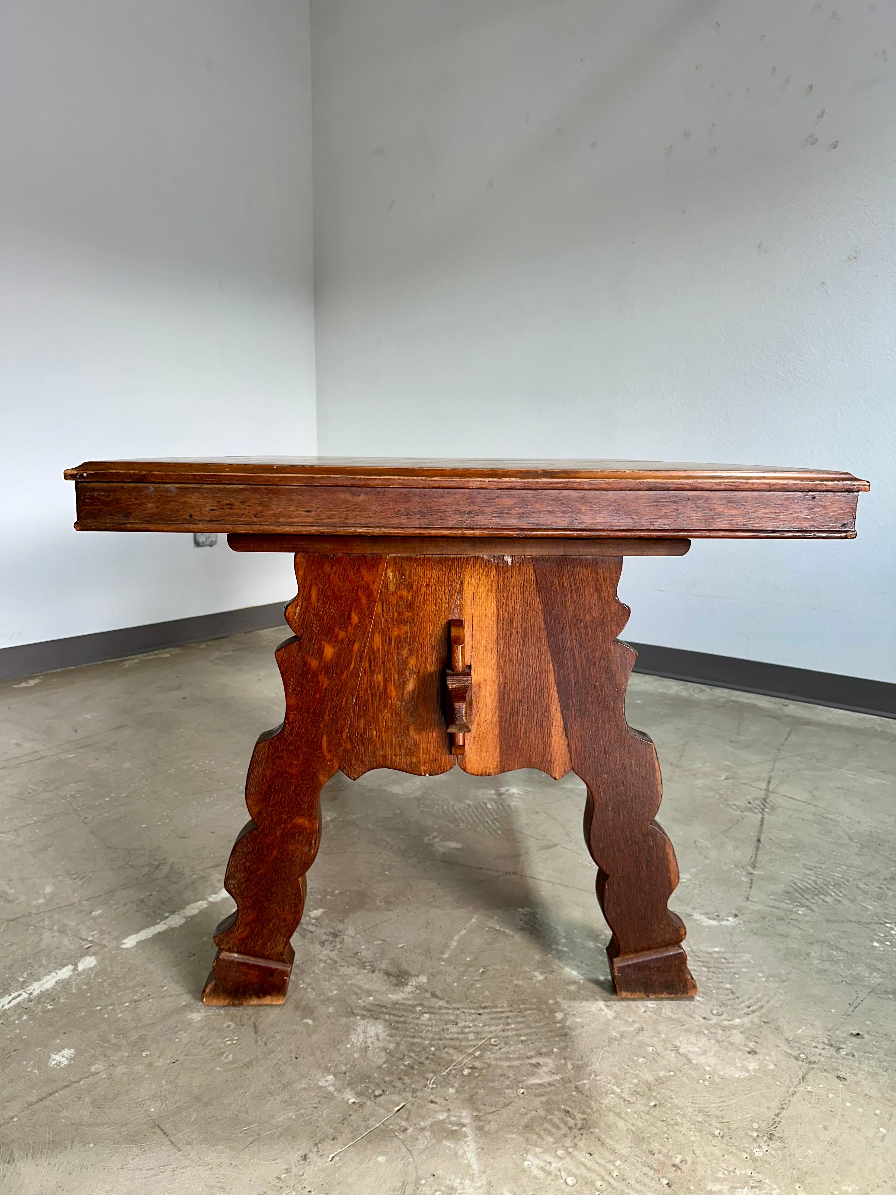 German Brutalist Tyrolean Style Tiger Oak Trestle Dining Table For Sale 1