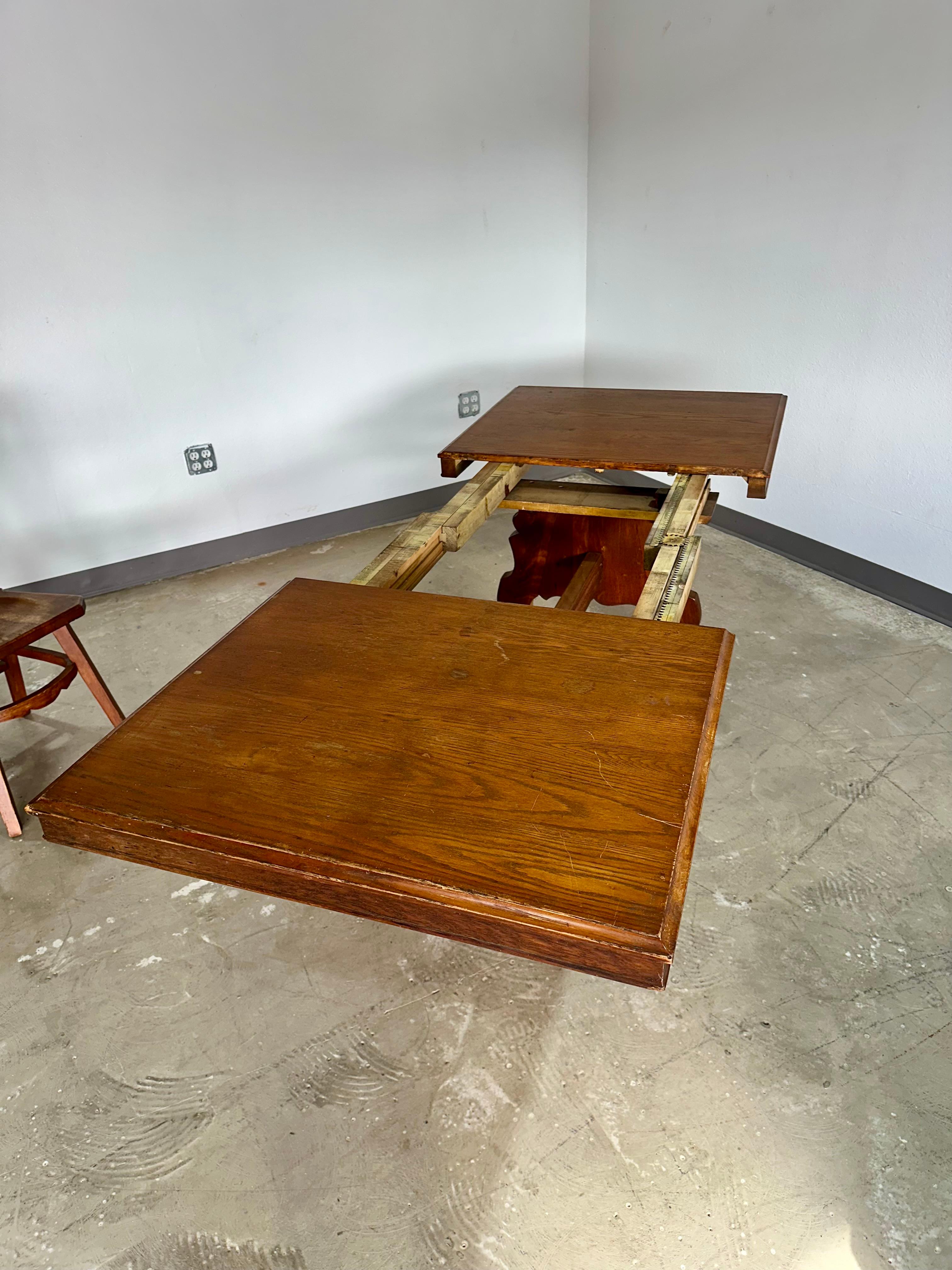 German Brutalist Tyrolean Style Tiger Oak Trestle Dining Table For Sale 2