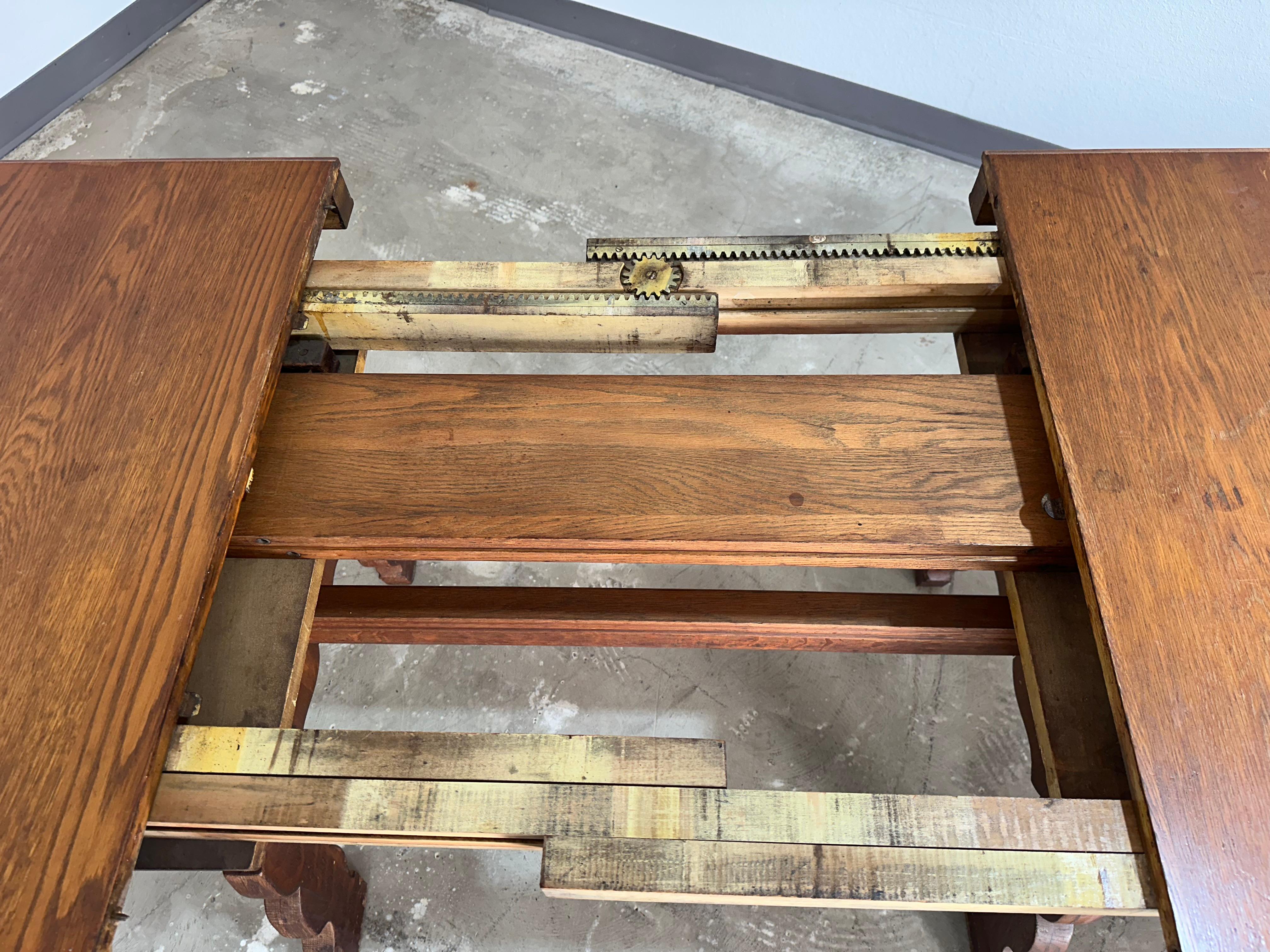 German Brutalist Tyrolean Style Tiger Oak Trestle Dining Table For Sale 3