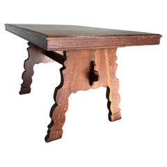German Brutalist Tyrolean Style Tiger Oak Trestle Dining Table