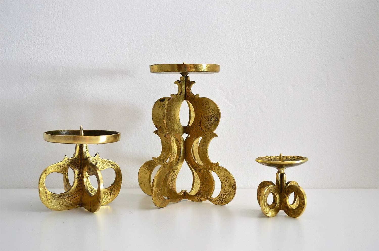 Midcentury Candlestick Holder in Brass in the Brutalist Style, Set of three 4