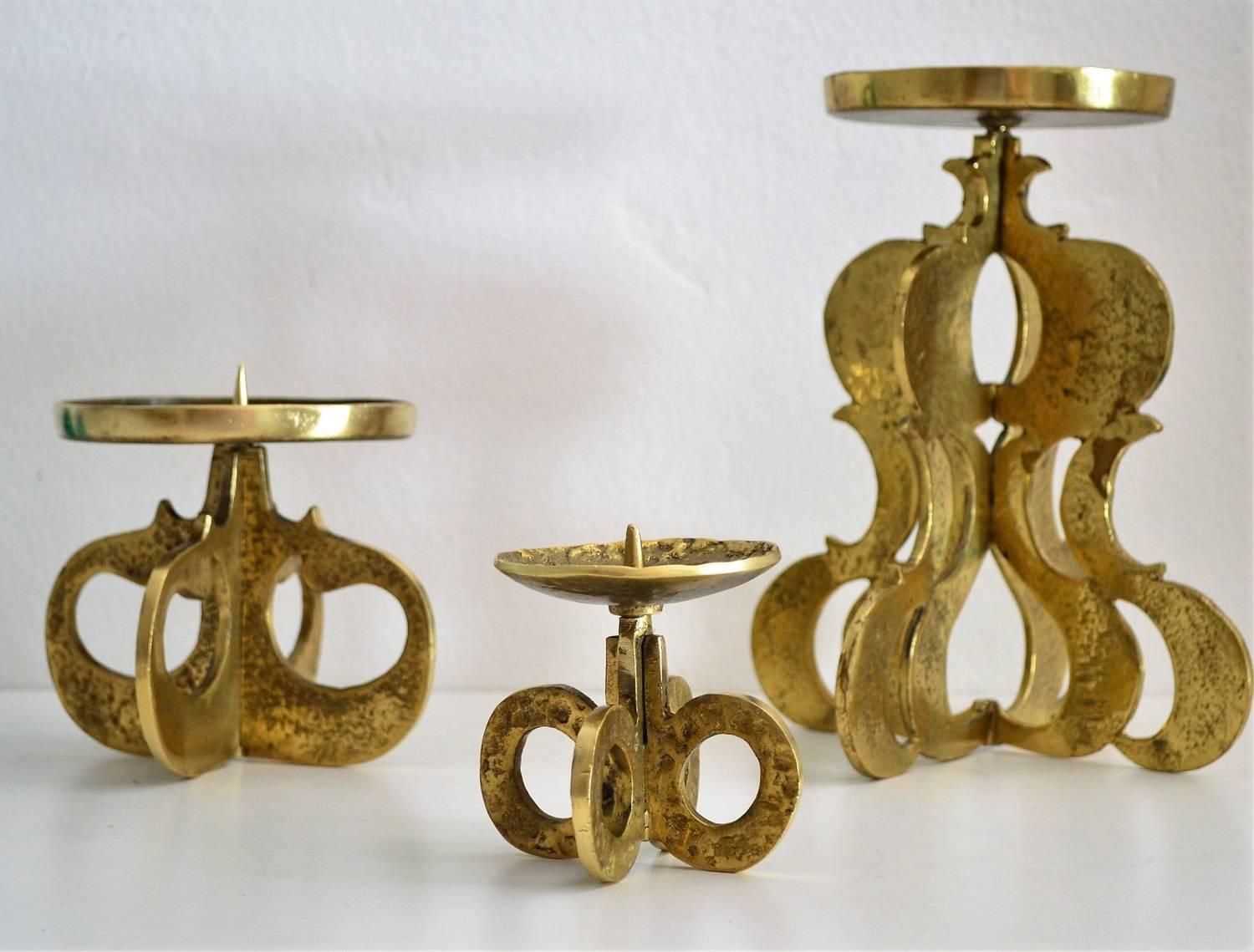German Midcentury Candlestick Holder in Brass in the Brutalist Style, Set of three