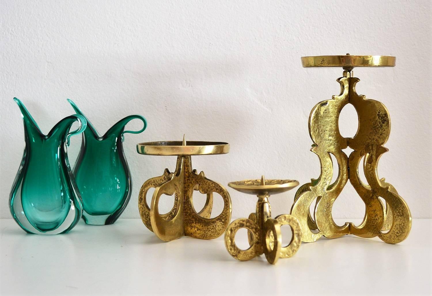 Hand-Crafted Midcentury Candlestick Holder in Brass in the Brutalist Style, Set of three