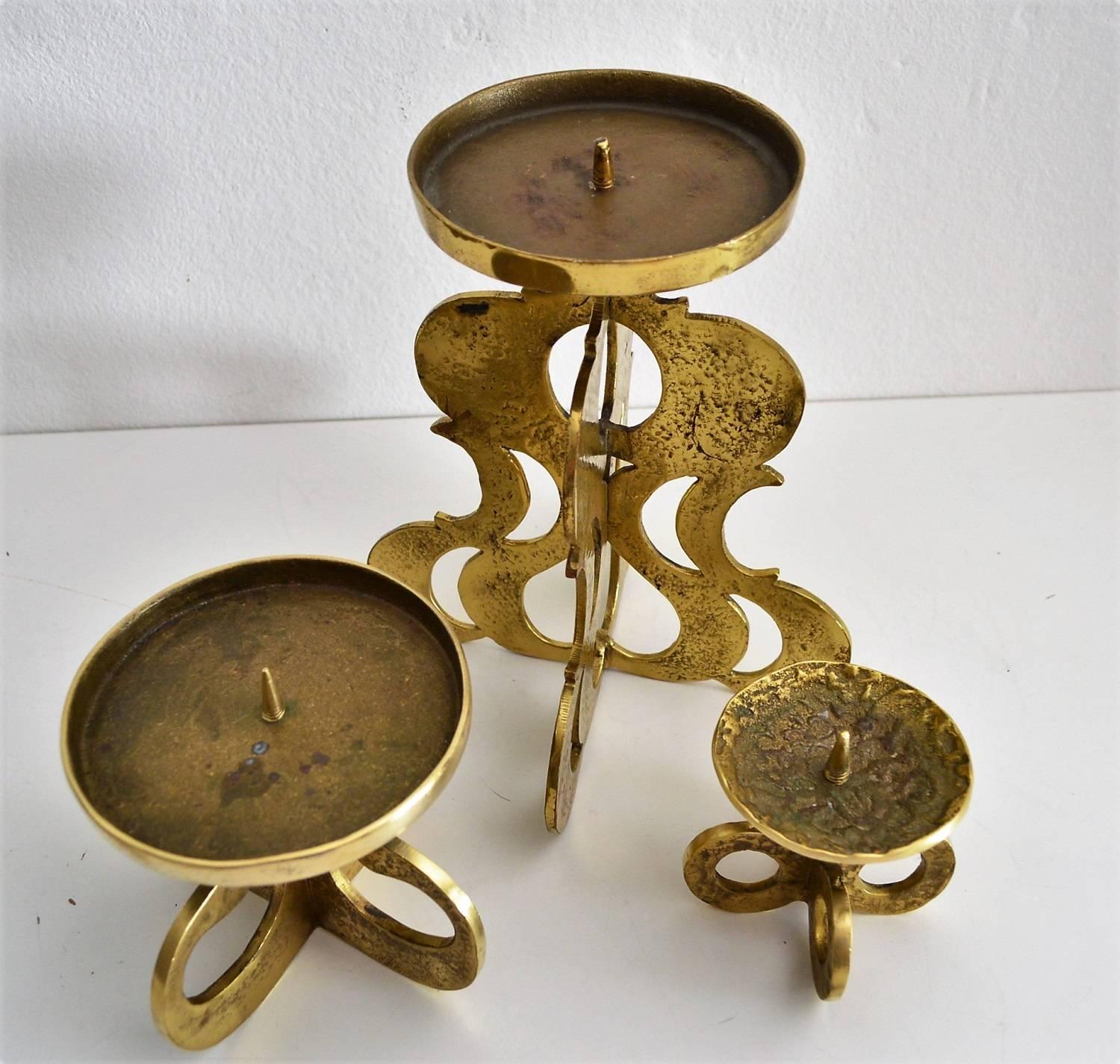 Midcentury Candlestick Holder in Brass in the Brutalist Style, Set of three In Good Condition In Morazzone, Varese