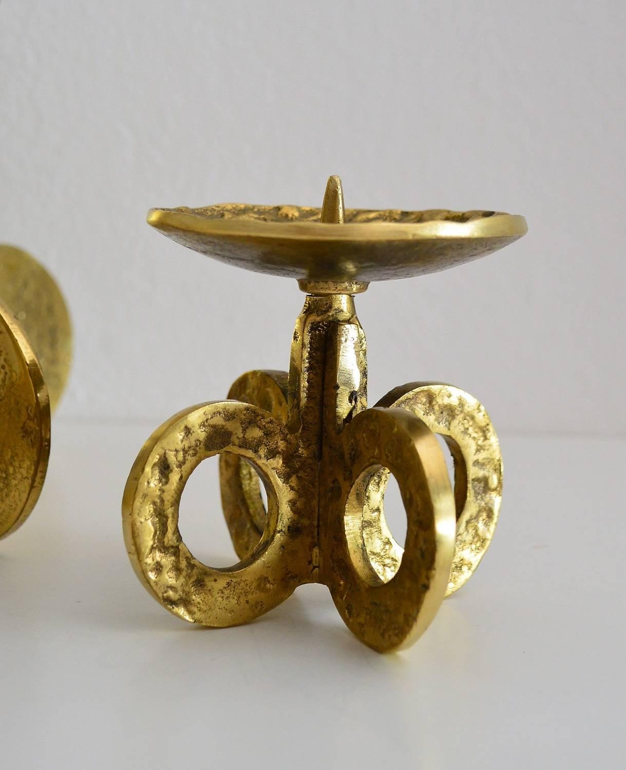 Midcentury Candlestick Holder in Brass in the Brutalist Style, Set of three 2