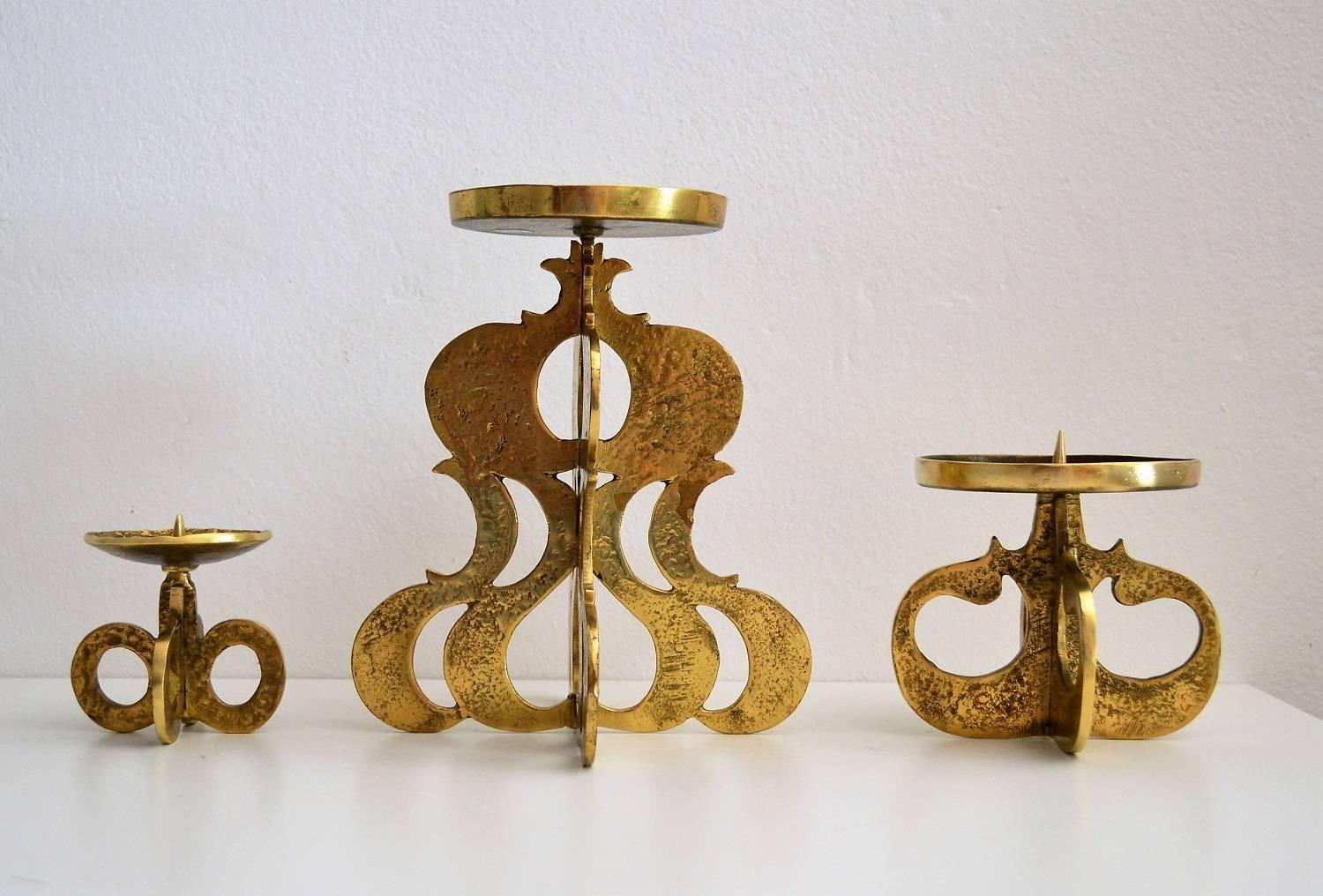 Midcentury Candlestick Holder in Brass in the Brutalist Style, Set of three 3