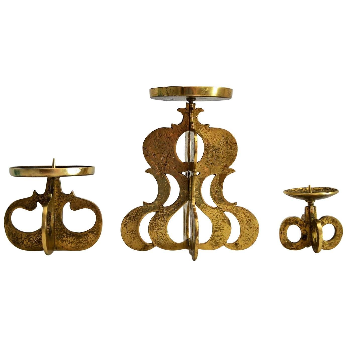 Midcentury Candlestick Holder in Brass in the Brutalist Style, Set of three