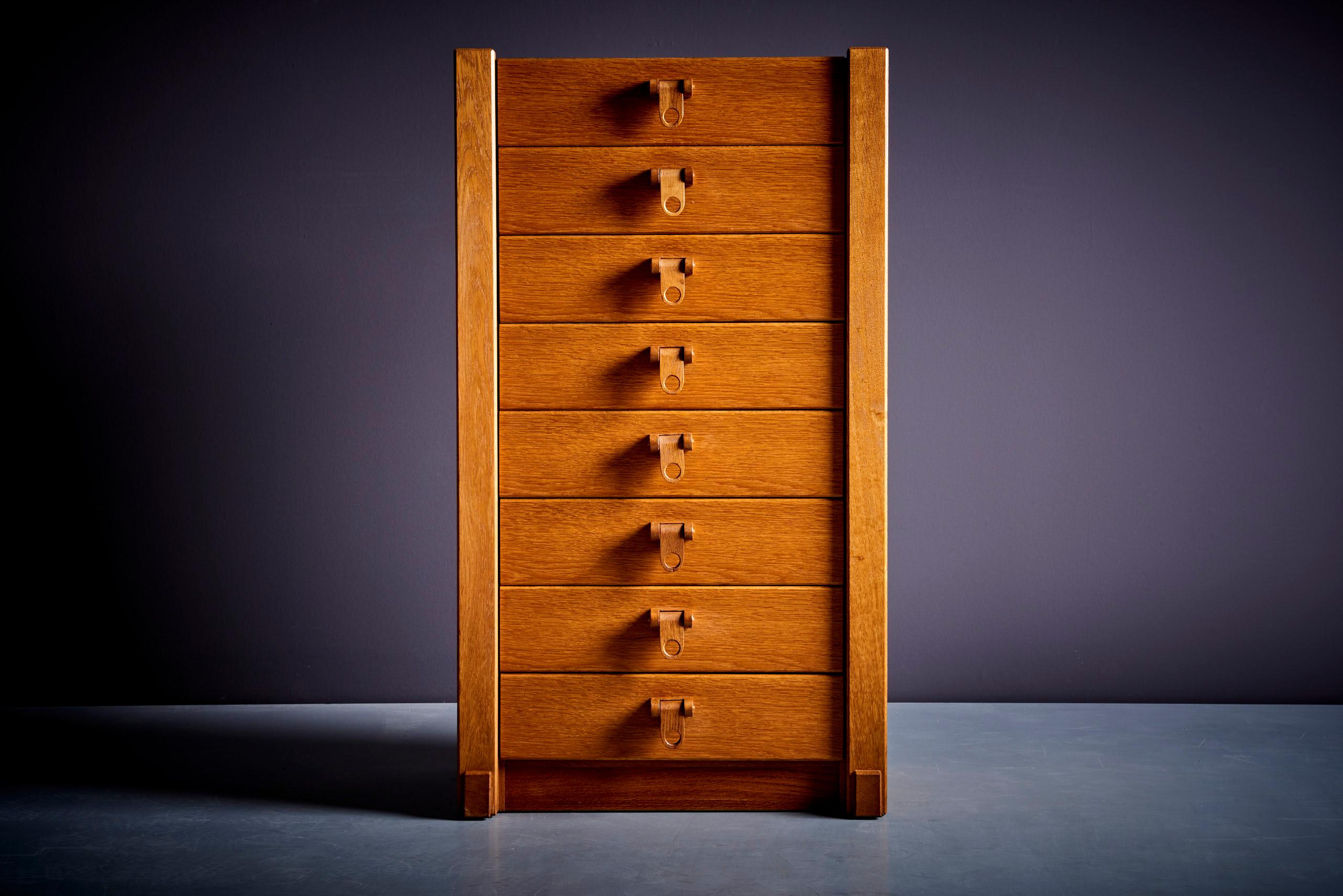 Oak German carpenter Custom Tall chest of drawers in oak, 1970s For Sale