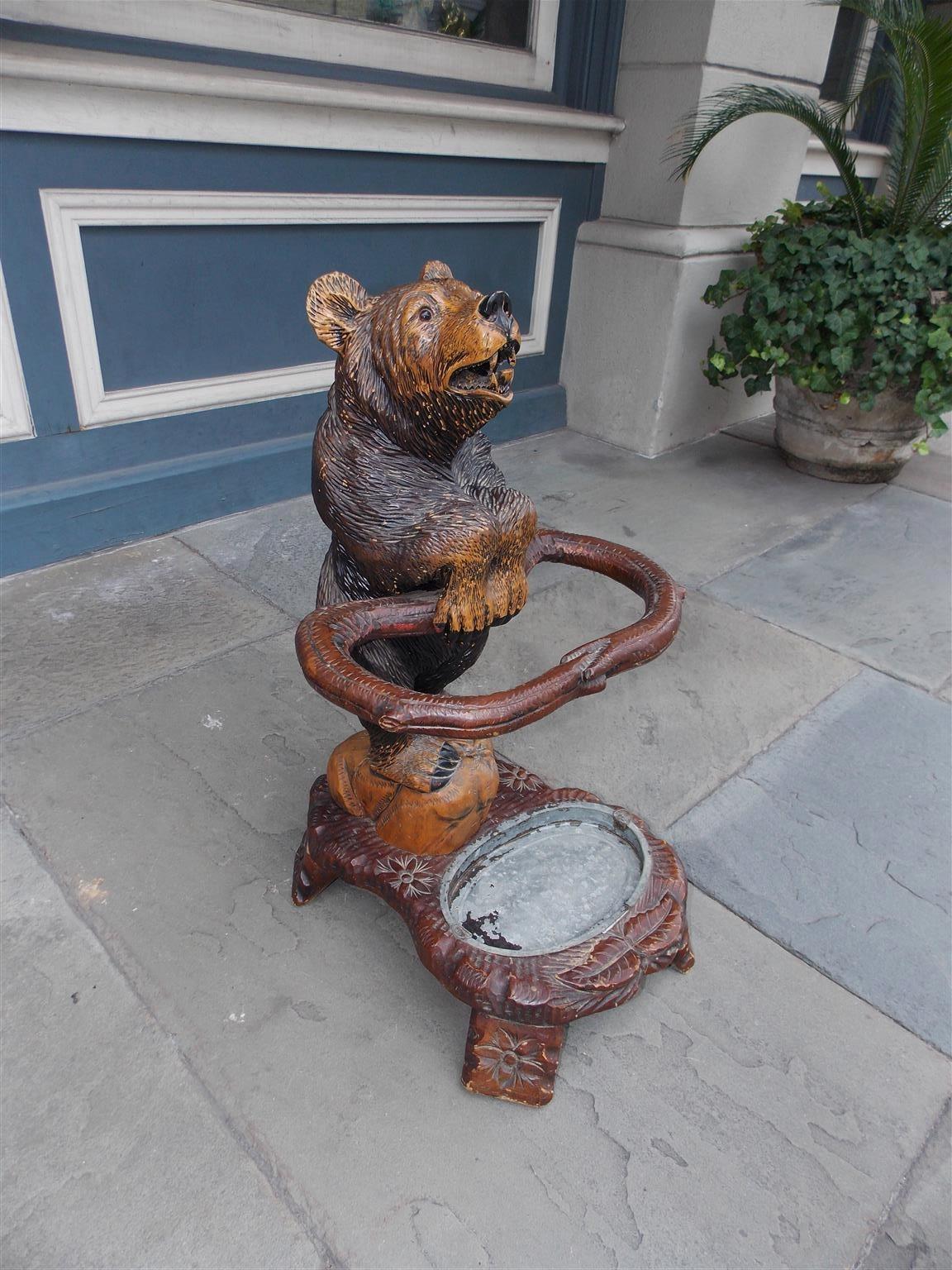 Black Forest German Carved and Painted Walnut Black Forrest Bear Umbrella Stand, Circa 1880