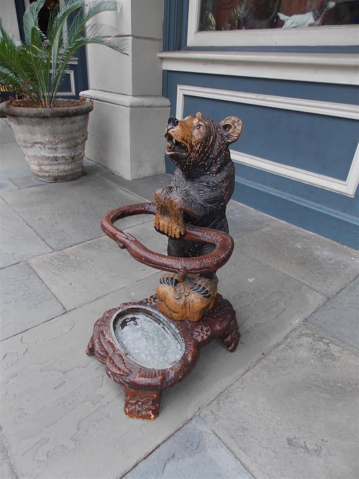 Hand-Carved German Carved and Painted Walnut Black Forrest Bear Umbrella Stand, Circa 1880