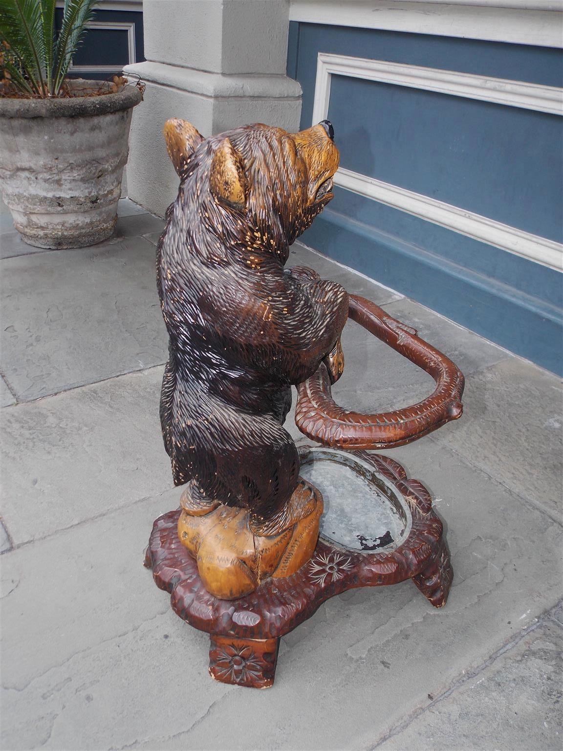 Glass German Carved and Painted Walnut Black Forrest Bear Umbrella Stand, Circa 1880