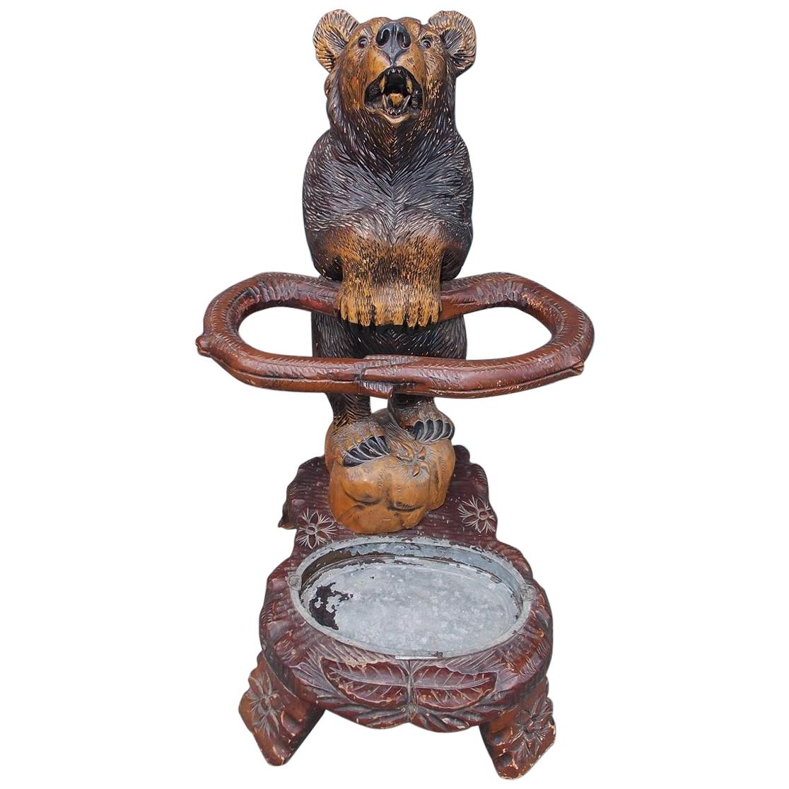 German Carved and Painted Walnut Black Forrest Bear Umbrella Stand, Circa 1880