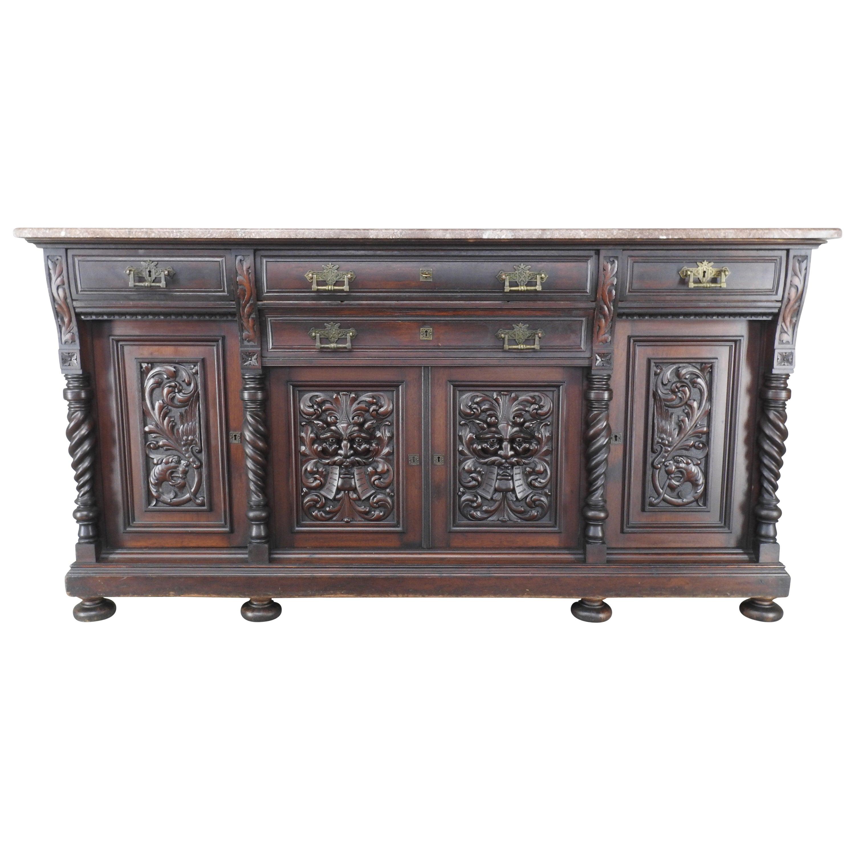 German Carved Marble-Top Sideboard, Late 19th Century For Sale