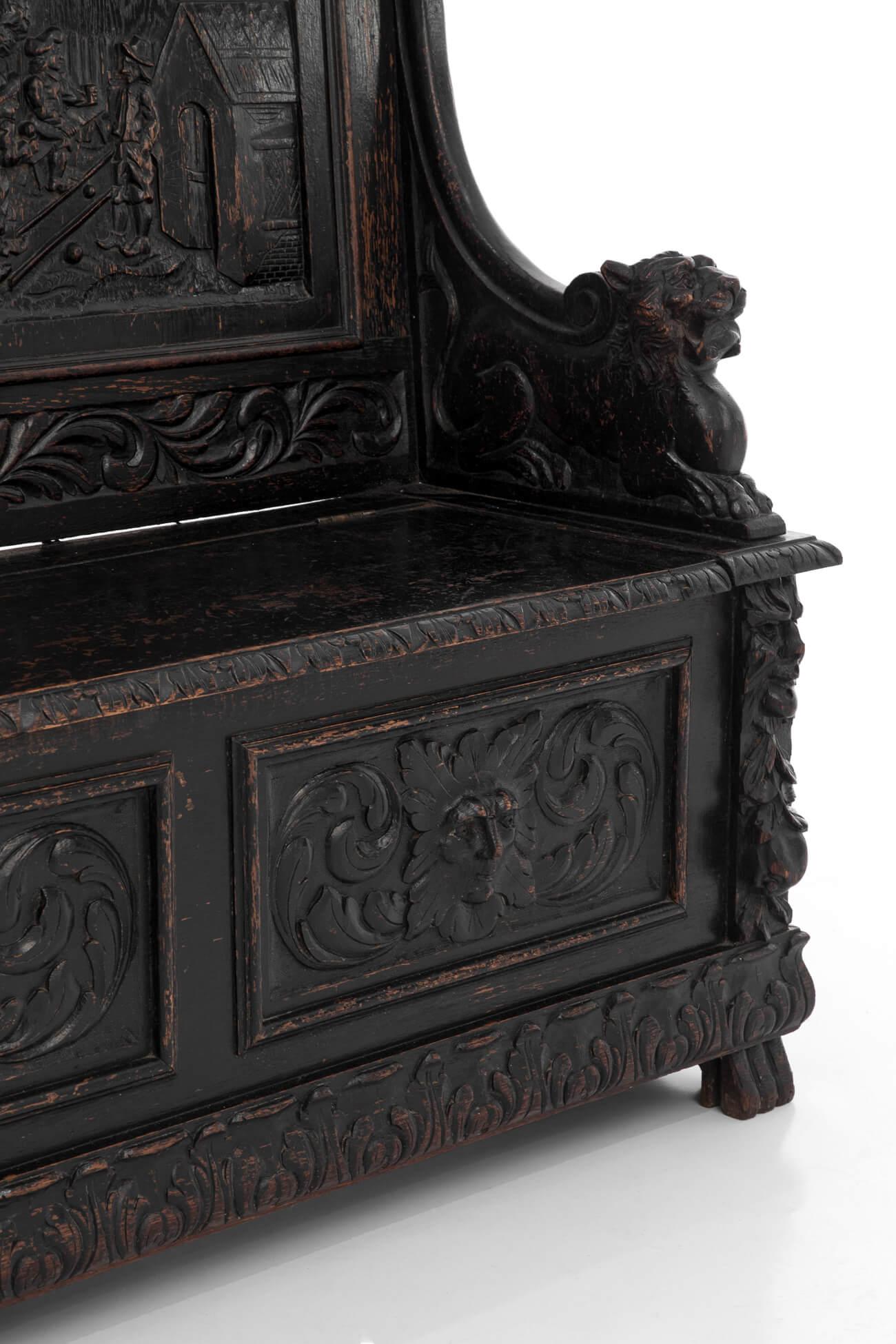 German Carved Oak Settle with Curved Armrests, circa 1880 In Good Condition For Sale In Faversham, GB