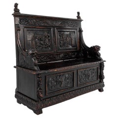 German Carved Oak Settle with Curved Armrests, circa 1880