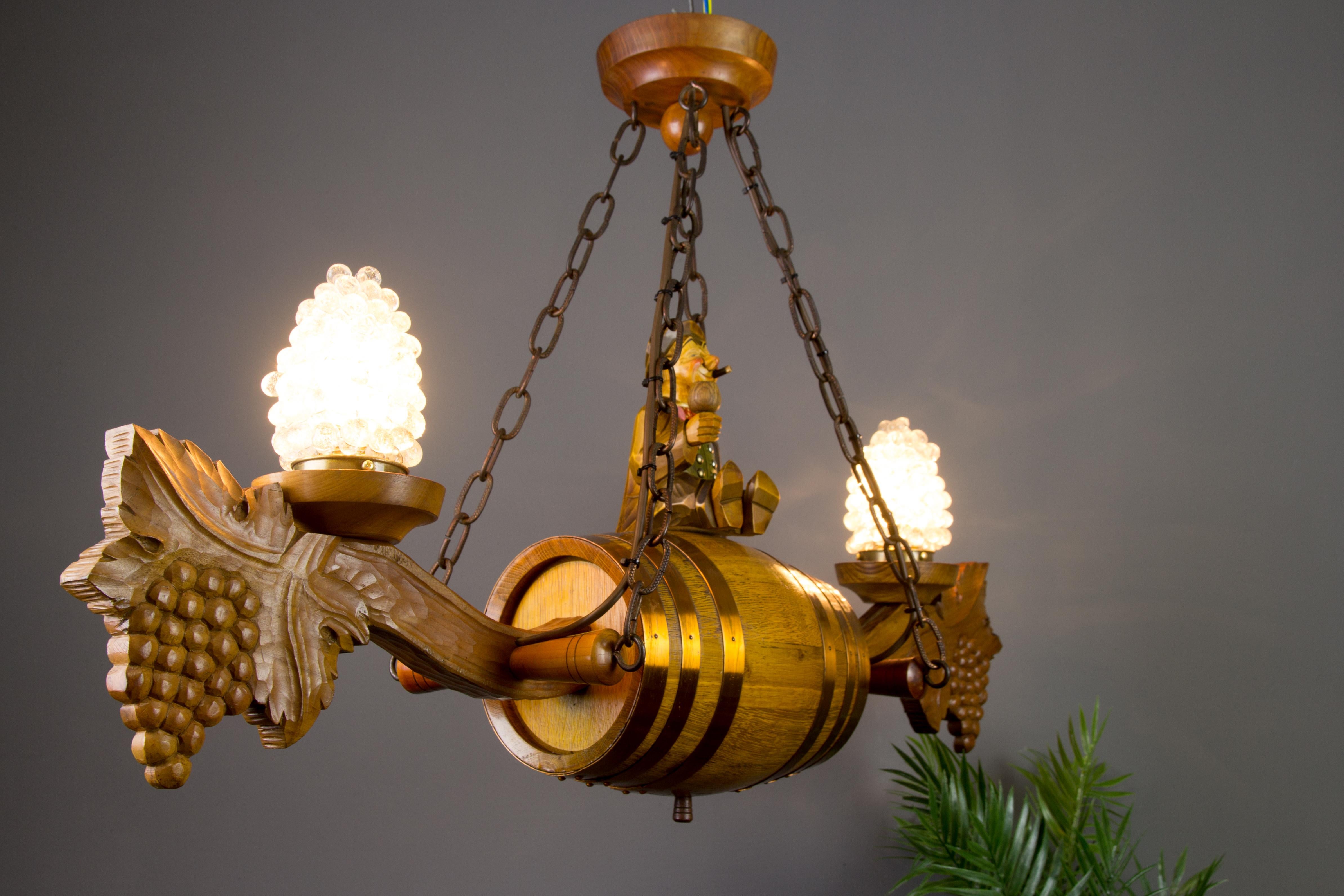 Mid-20th Century German Carved Wood Two-Light Wine Cellar Chandelier For Sale