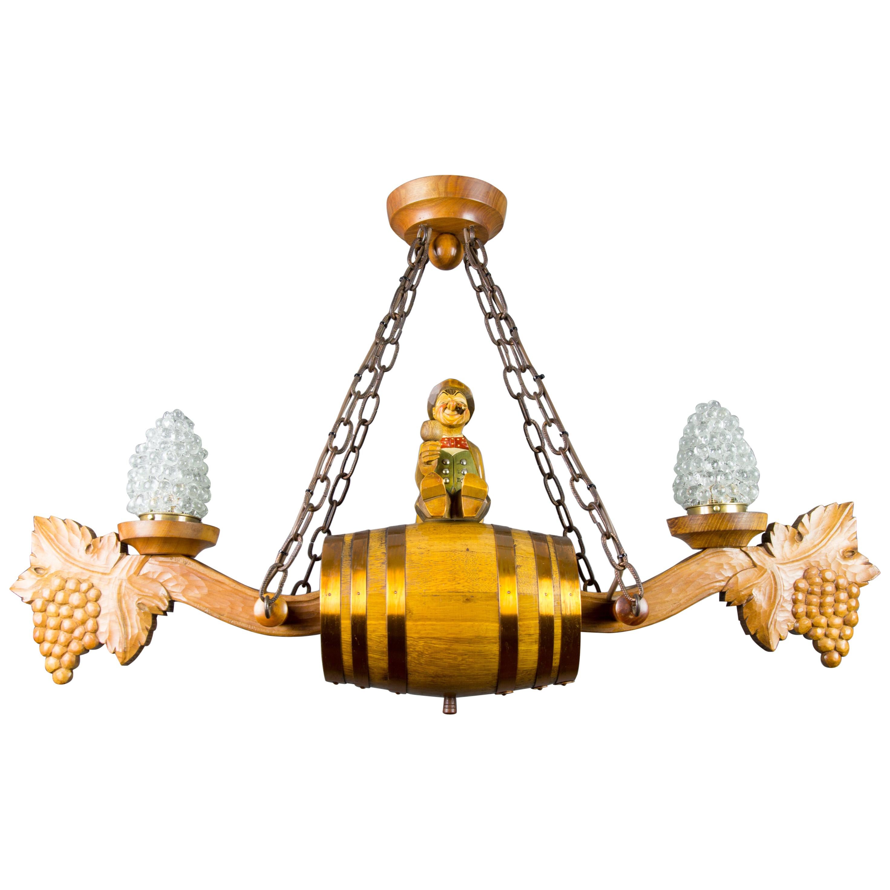 German Carved Wood Two-Light Wine Cellar Chandelier