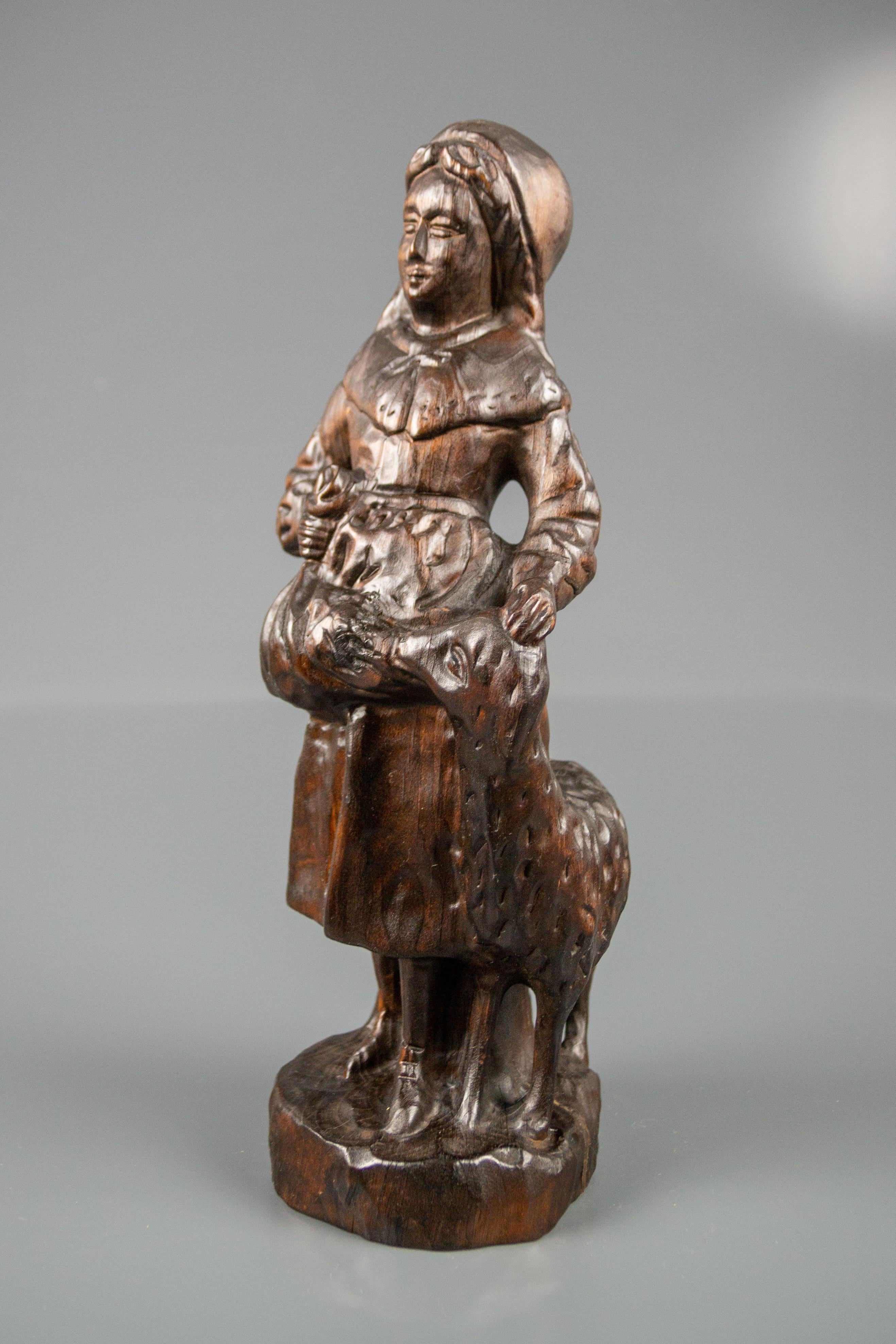 German Carved Wooden Figure of Shepherdess with a Sheep For Sale 7